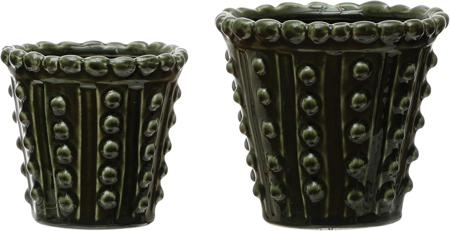 Creative Co-Op Round Stoneware Hobnail Planter, Green