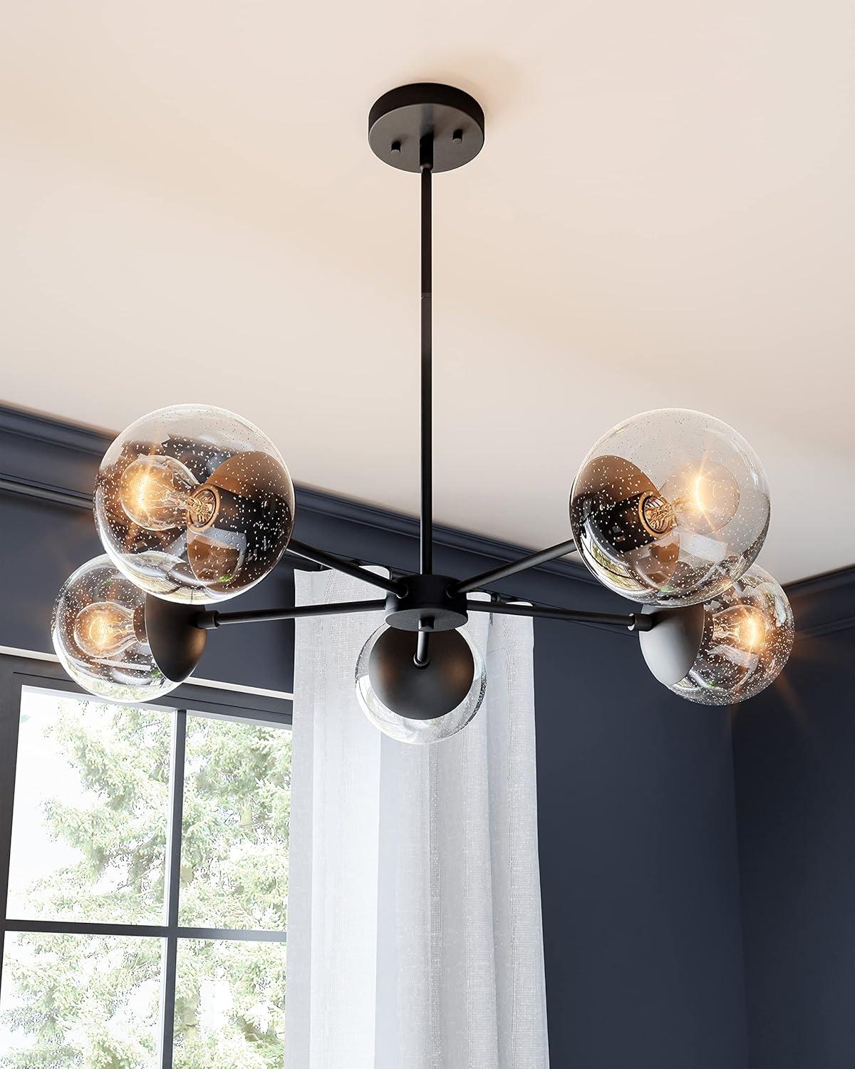 Matte Black 5-Light Chandelier with Seedy Glass Shades