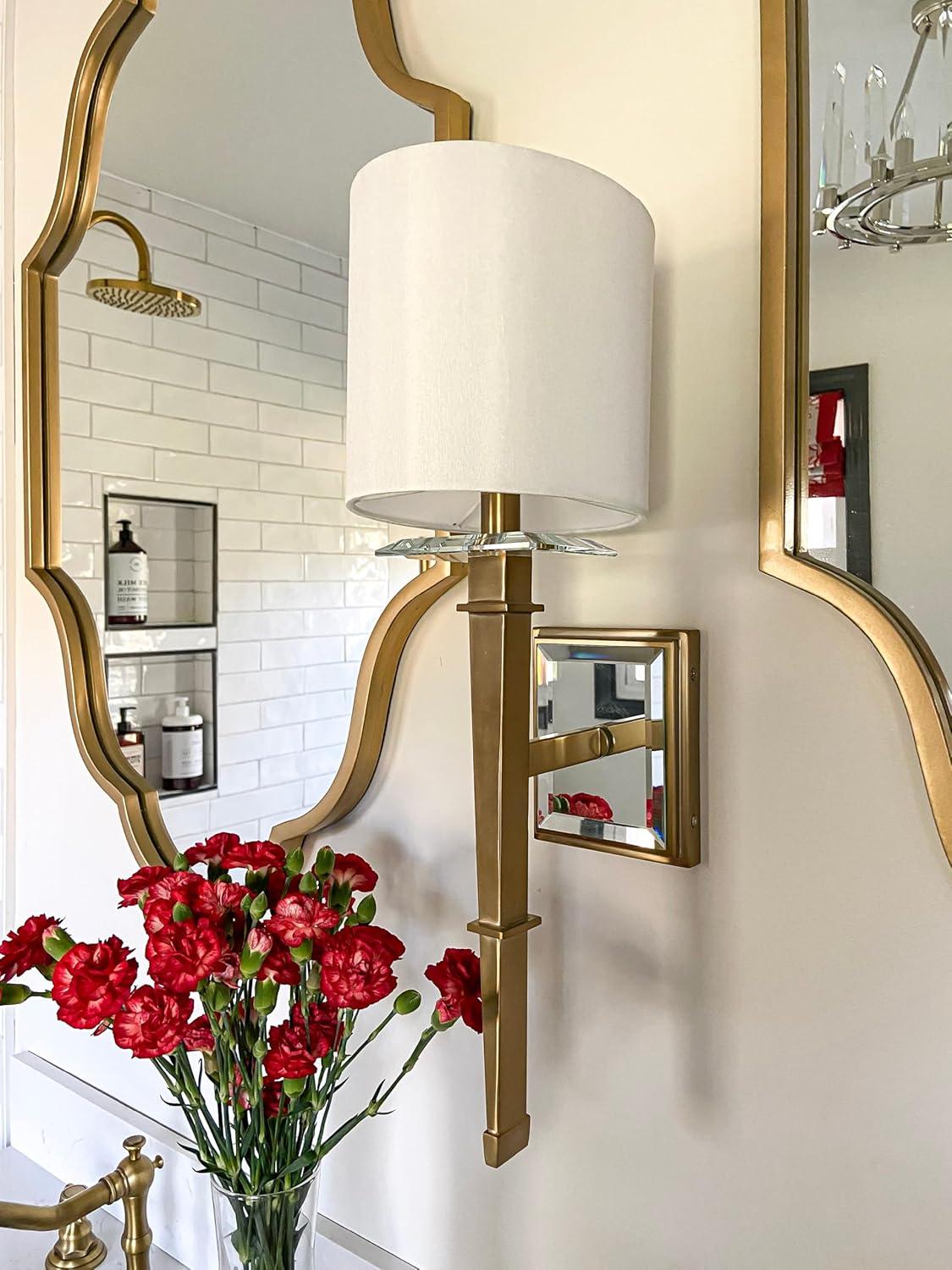 Aged Brass and White Silk 1-Light Wall Sconce