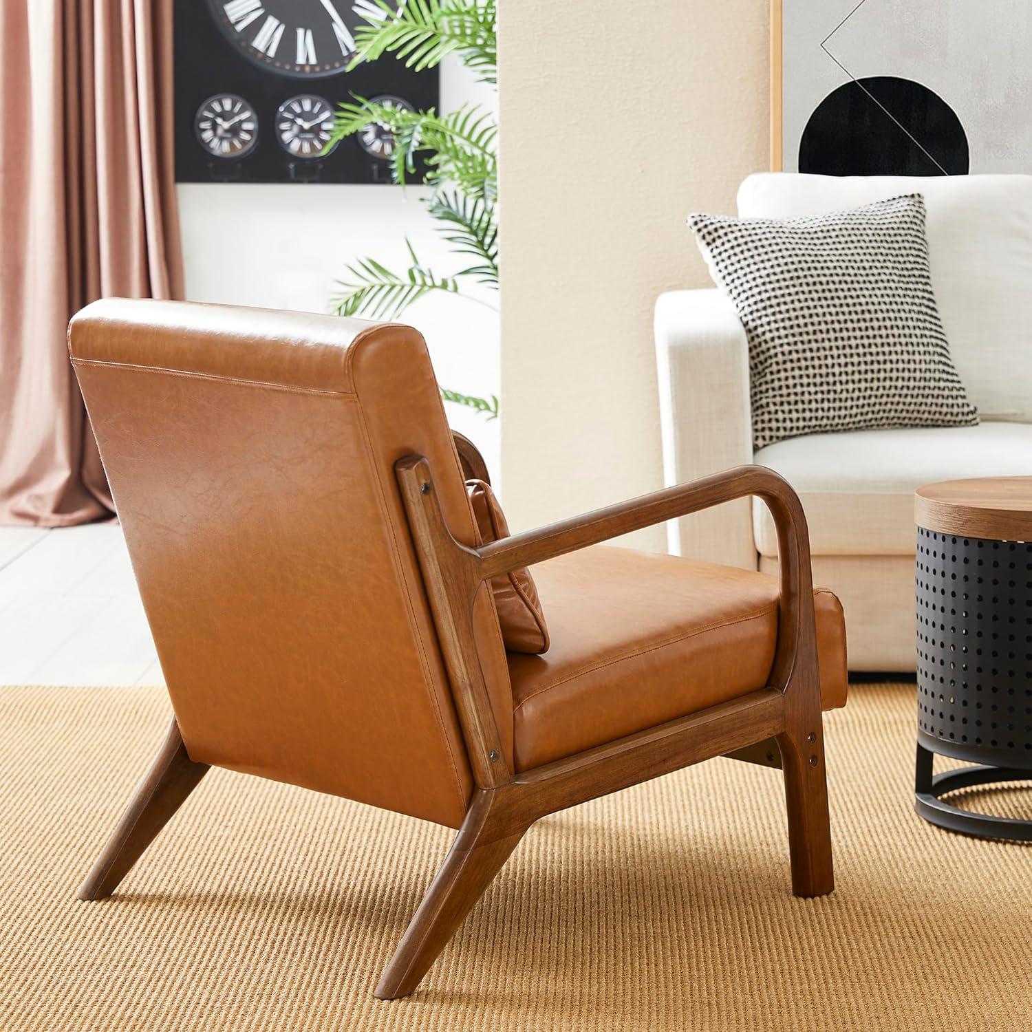 Mid-Century Modern Leatherette Arm Accent Chair Walnut Rubberwood Frame Tan - Glitzhome: Upholstered, Durable, for Office & Home