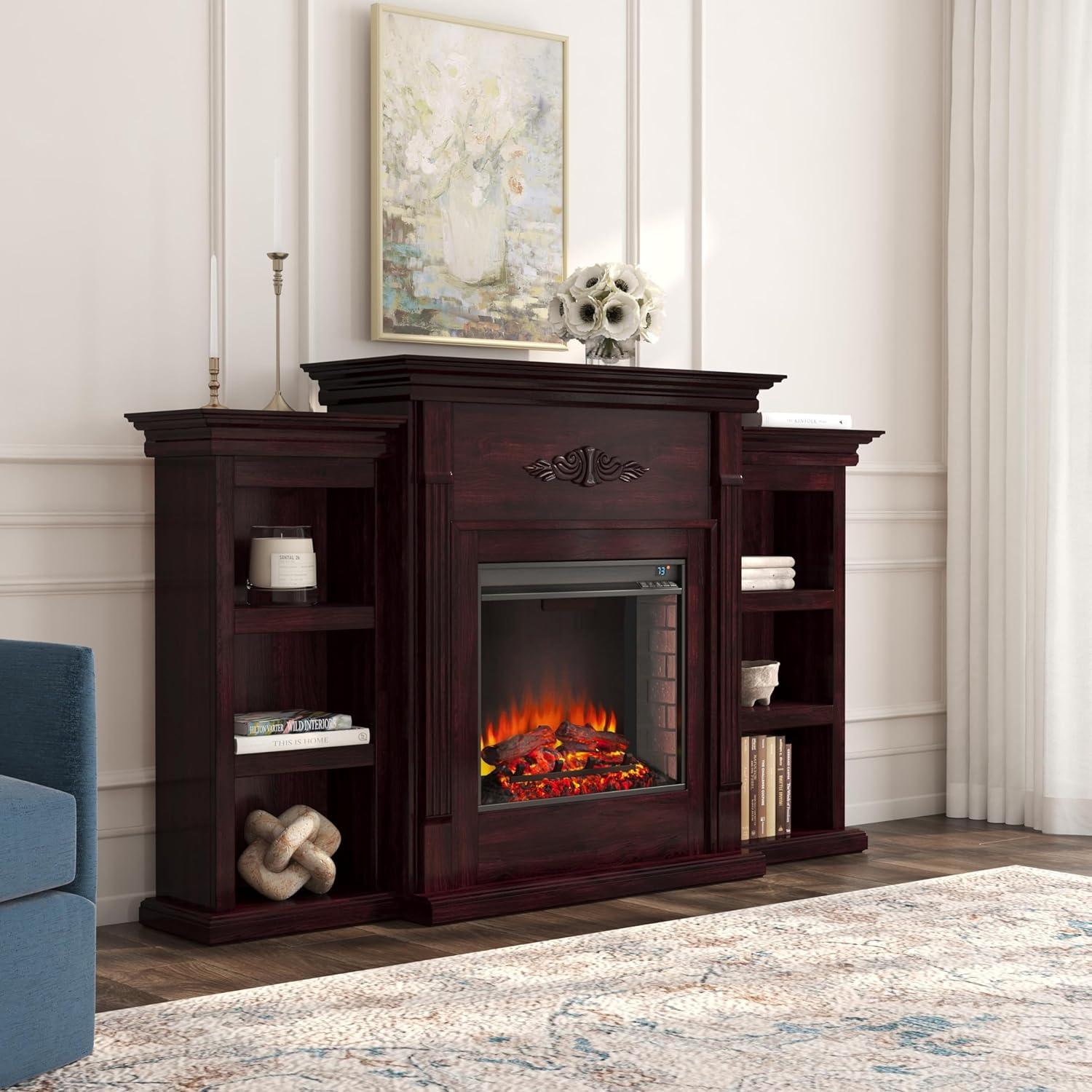 Espresso Electric Fireplace with Bookcases and Carved Floral Design