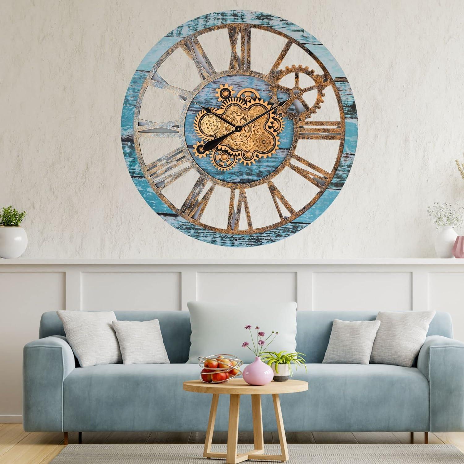 The Gears Clock Wall Clock 36" Round Oversized for Living Room decor with Real Moving Gears America Collection