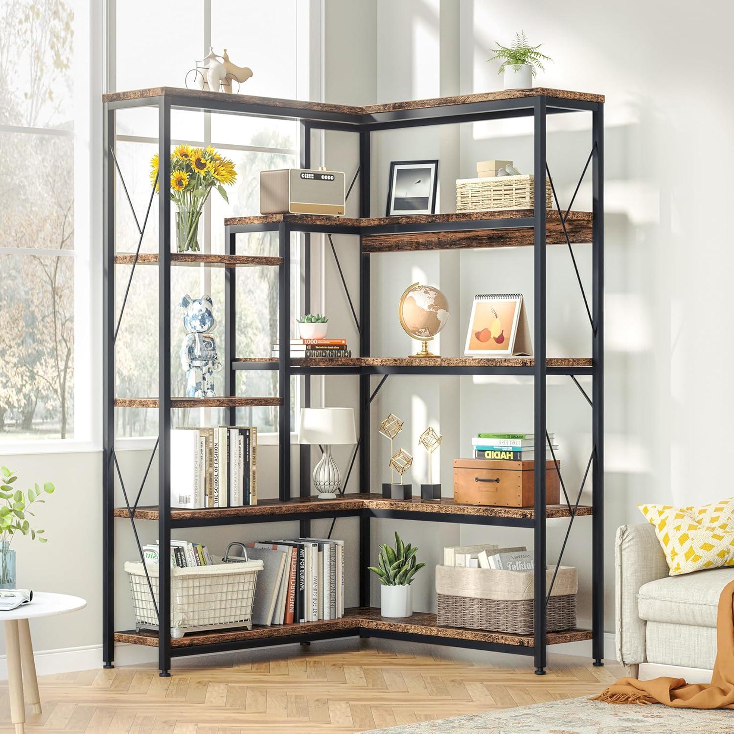 IRONCK Bookcases and Bookshelves, 5-Tiers Corner Bookcase with Curved Panels, L Shaped Shelf with Metal Frame for Open Storage for Living Room Home Office