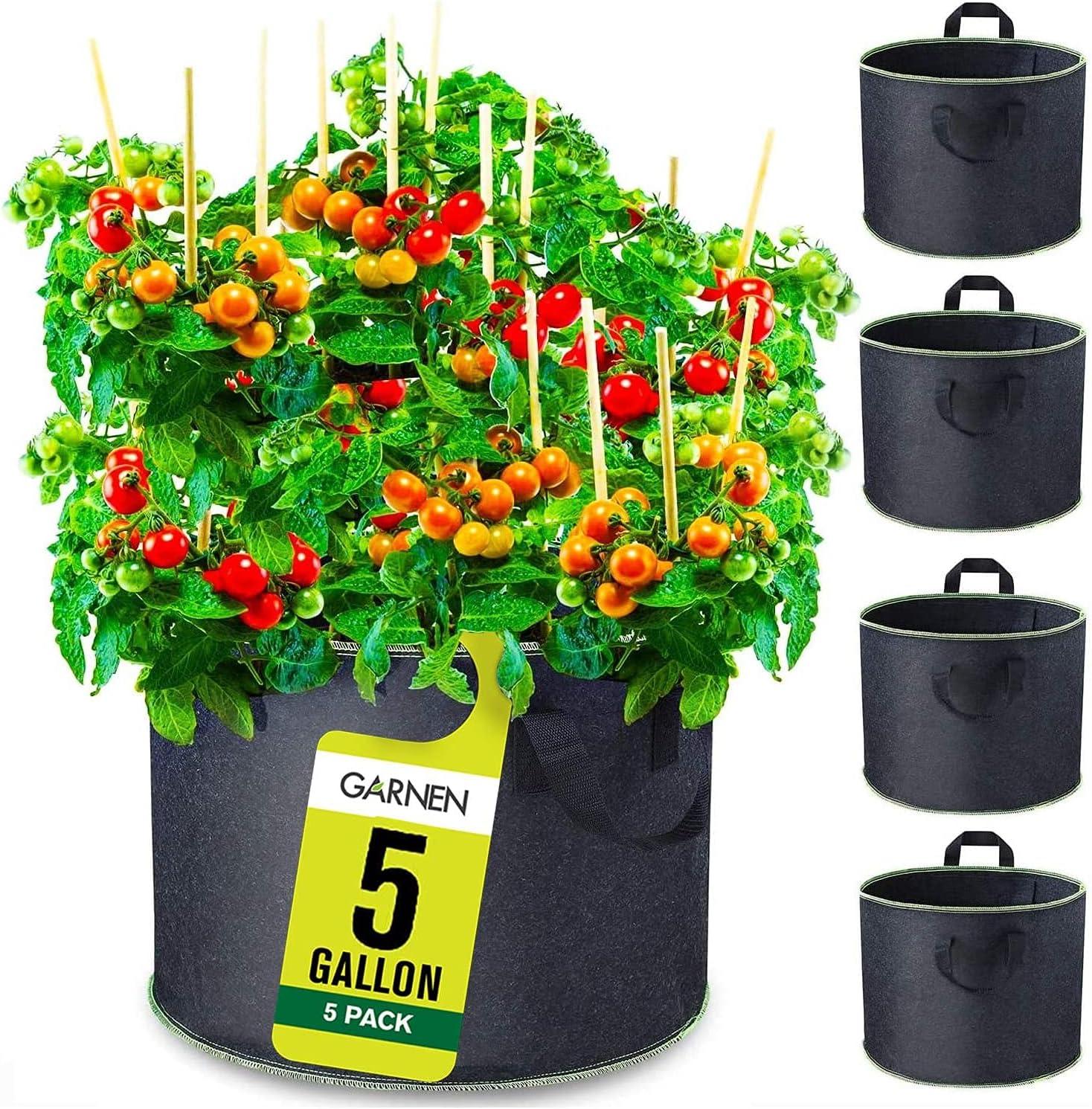 Garnen 5 Packs 5 Gallon Garden Potato Grow Bags, Fabric Grow Bags for Outdoor and Indoor Planters - Black