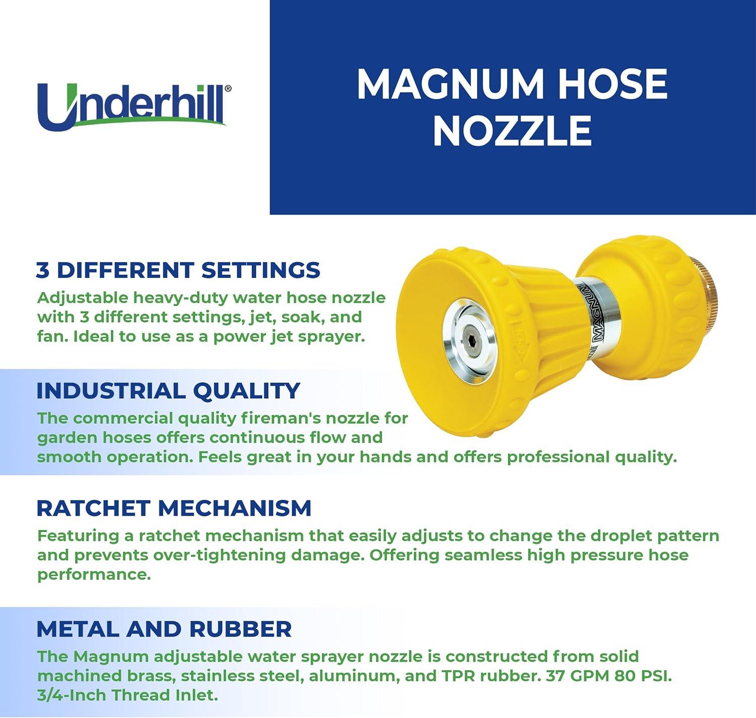 Underhill Magnum Garden Water Hose Nozzle, Sprayer, 37 GPM 80 PSI, 3/4-Inch Thread Inlet, Jet, Soak, Fan, Metal and Rubber, Adjustable, NG450