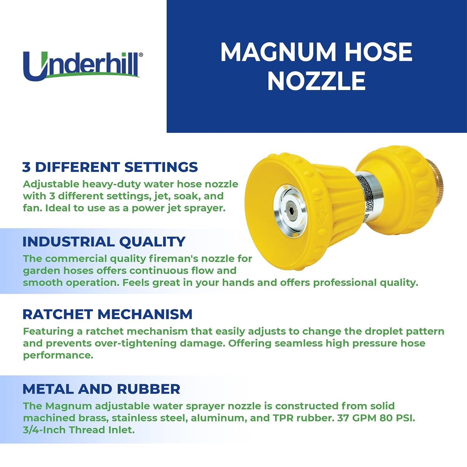 Underhill Magnum Garden Water Hose Nozzle, Sprayer, 37 GPM 80 PSI, 3/4-Inch Thread Inlet, Jet, Soak, Fan, Metal and Rubber, Adjustable, NG450