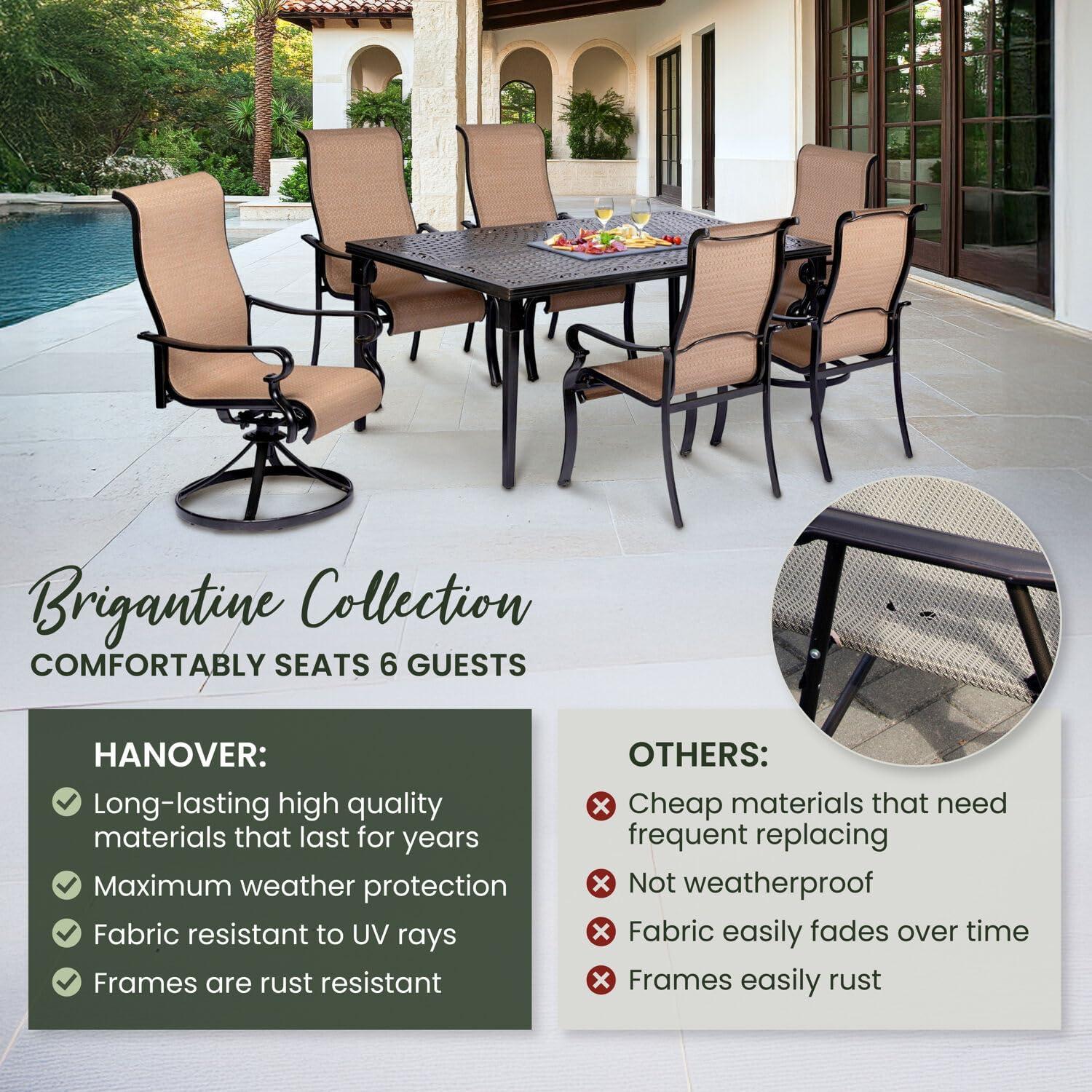Hanover Brigantine Juego de Comedor Moderno para Exteriores de 7 Piezas / 4 Sillas con Cabestrillo, 2 Balancines Giratorios / Mesa con Tapa de 40'' x 70'' / Clima, Xido, Resistente a UV / Bronceado / BRIGDN7PCSW-2