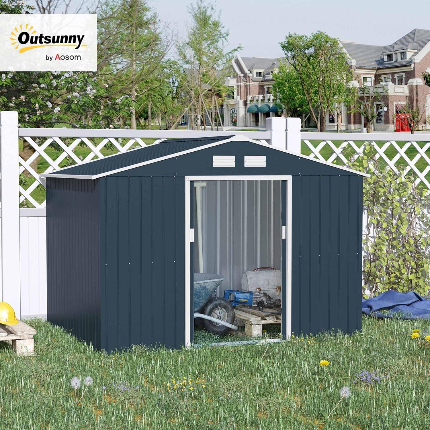 Outsunny 9' x 6' Metal Storage Shed Organizer, Garden Tool House with 4 Vents and 2 Sliding Doors for Backyard, Patio, Garage, Lawn, Dark Gray