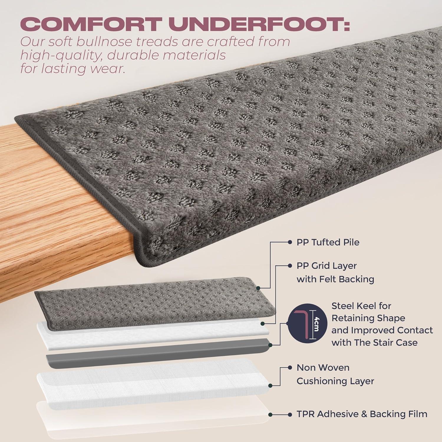 MBIGM Bullnose Carpet Stair Treads for Wooden Steps, Non-Slip Indoor Stair Runner w/ TPU Backing & Steel Reinforcement, Dark Gray Lattice, 14 Pack