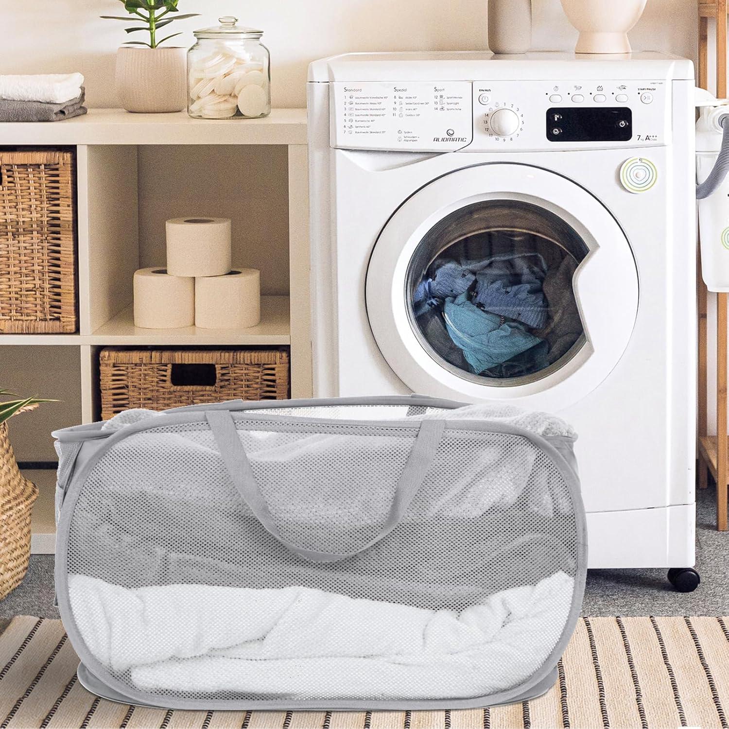 Durable Collapsible Laundry Baskets, Mesh Pop Up Laundry Hamper with Side Pocket, Foldable Clothes Storage Hamper with Reinforced Carry Handles for Laundry, Bathroom, Kids Room, Dorm or Travel Grey