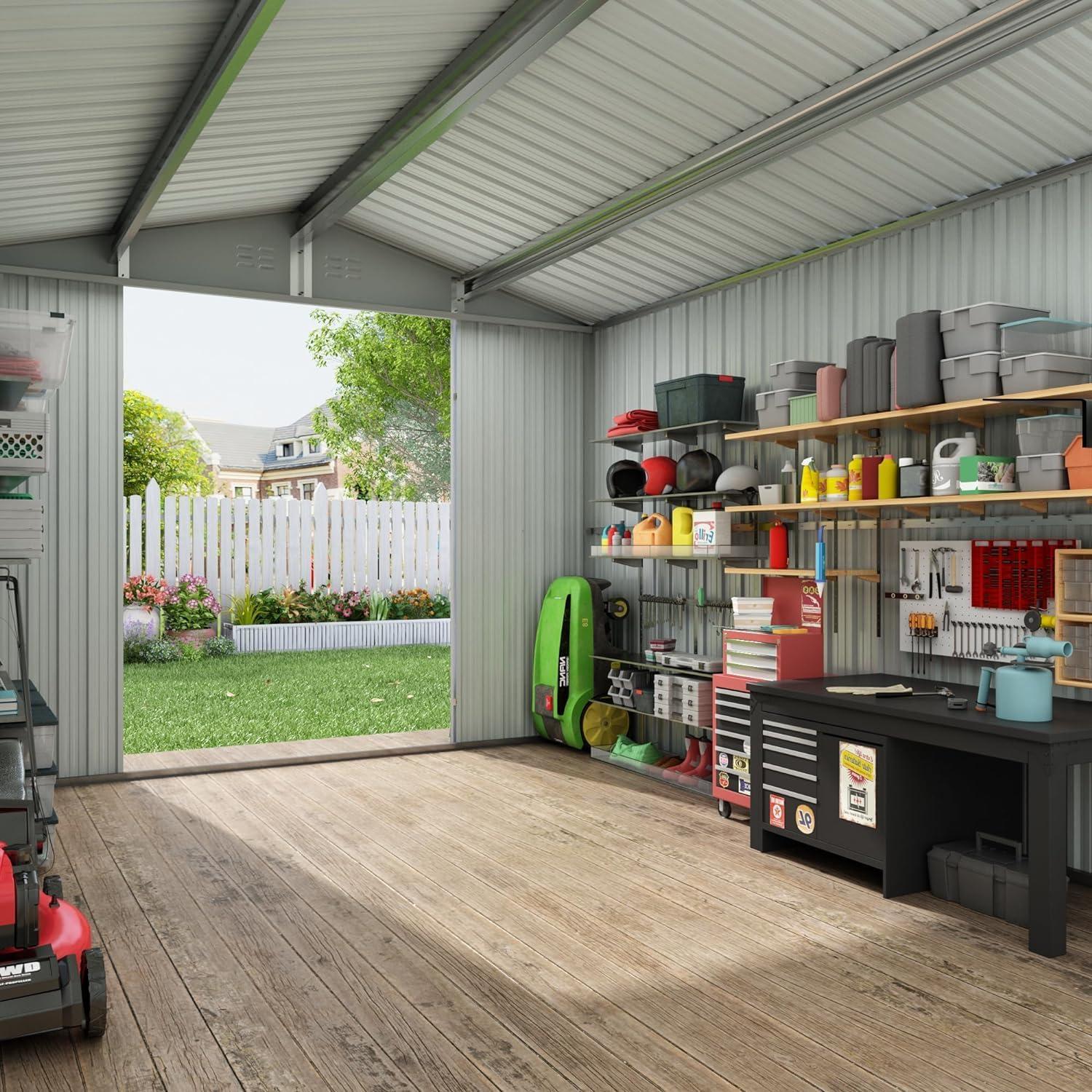 Outdoor Storage Shed, 8x6 FT Large Shed Storage Galvanized Steel Waterproof Garden Shed with Lockable Door for Outside Tool Storage Bikes Lawnmower Barbecue Tools and Lawn Mower (6FT x 8FT)