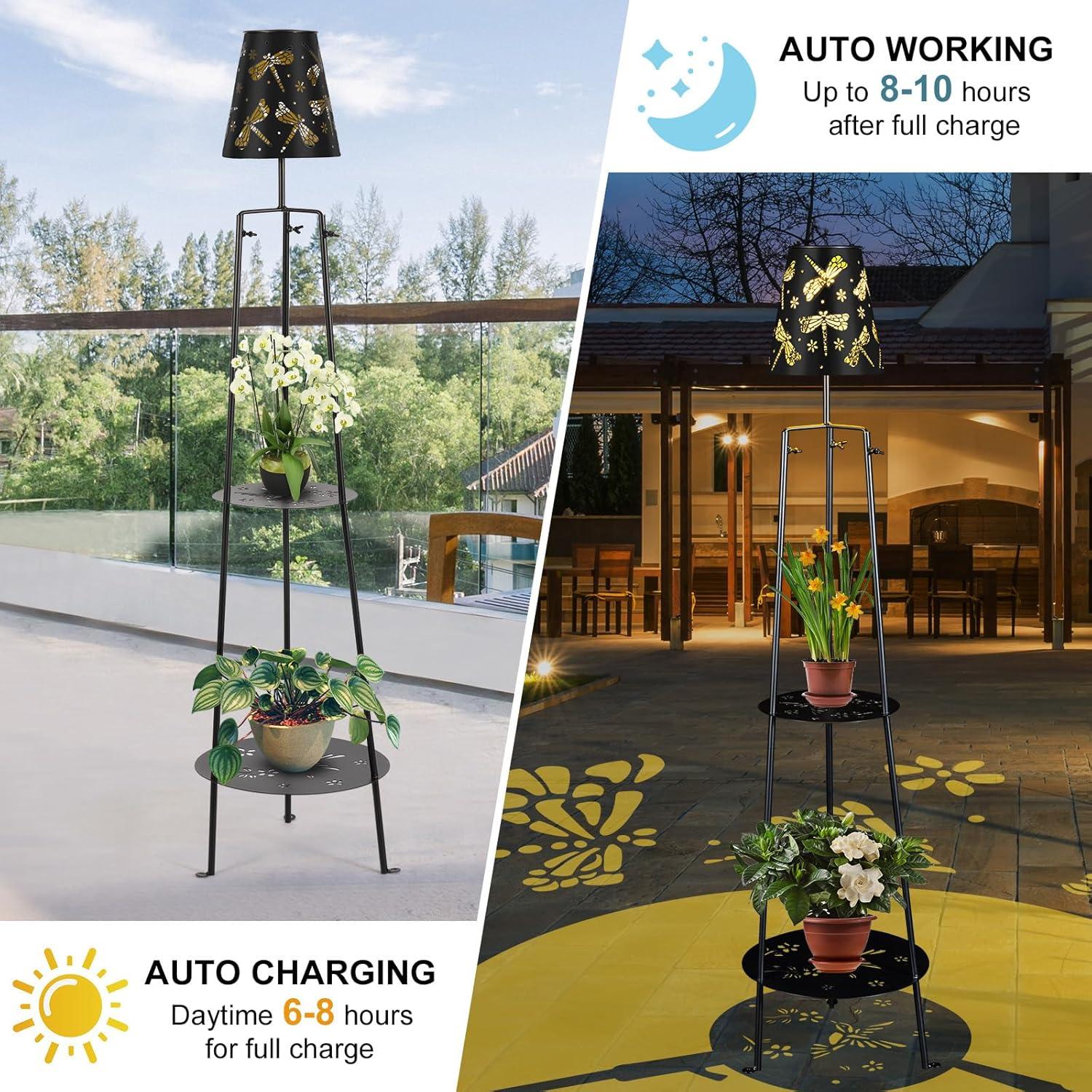 TULGIX Outdoor Metal Solar Floor Lamps With 2 Plant Stand