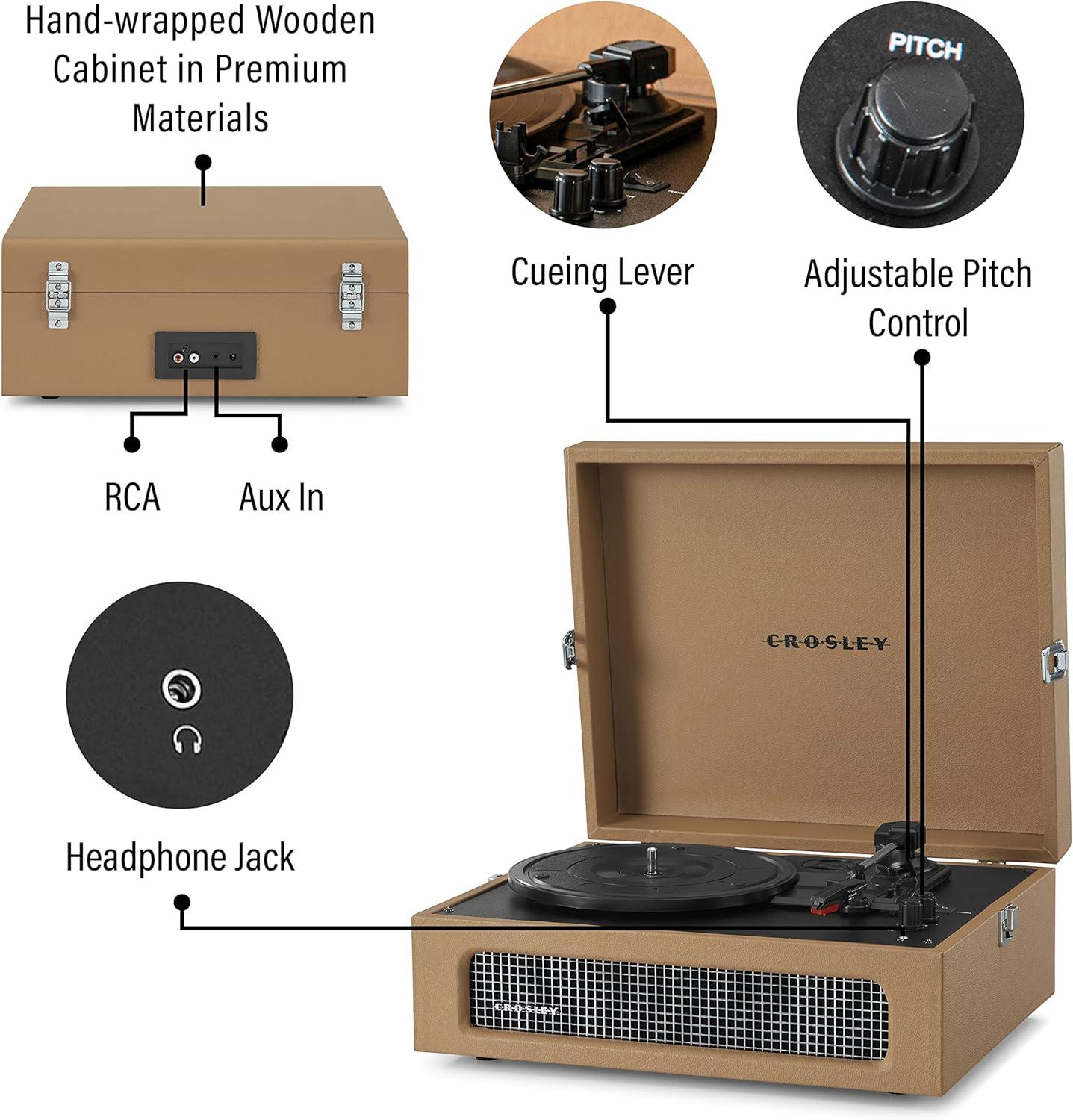 Voyager Vintage Tan Portable Turntable with Bluetooth & Built-in Speakers