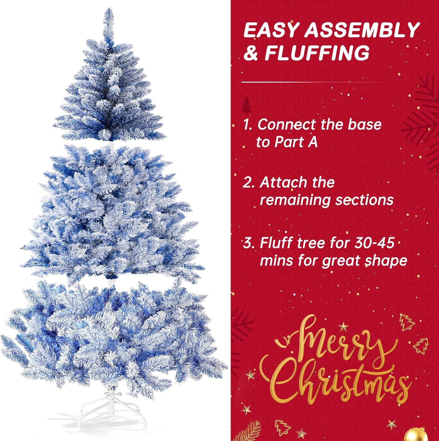 6 FT Blue Snow Flocked Artificial Christmas Tree with Metal Stand