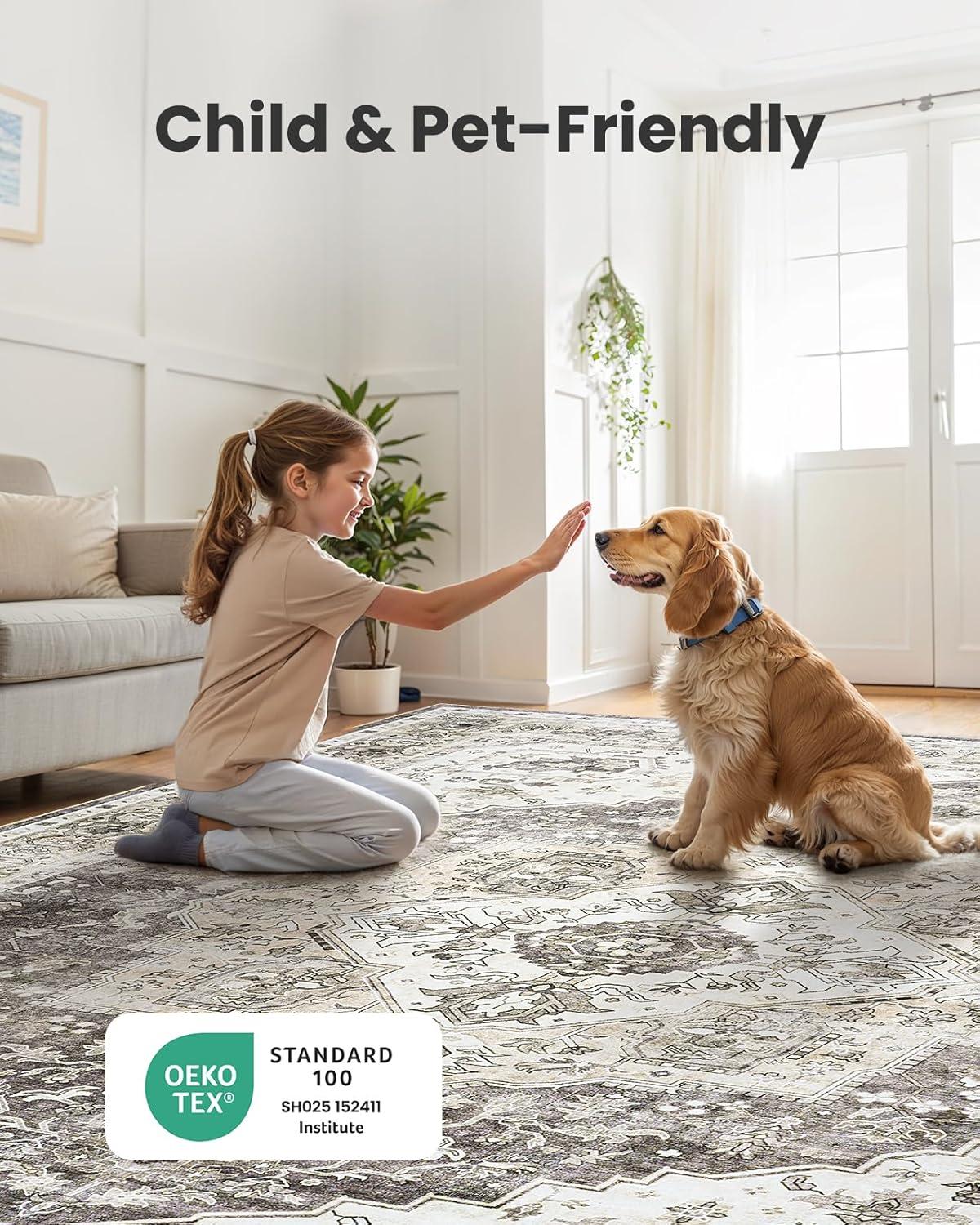 Garvee 9' x 12' Large Rug Vintage Persian Area Rugs Distressed Print Carpet Floral Pattern Rug No-Slip Low Pile Rug Living Room Bedroom Rug, Gray