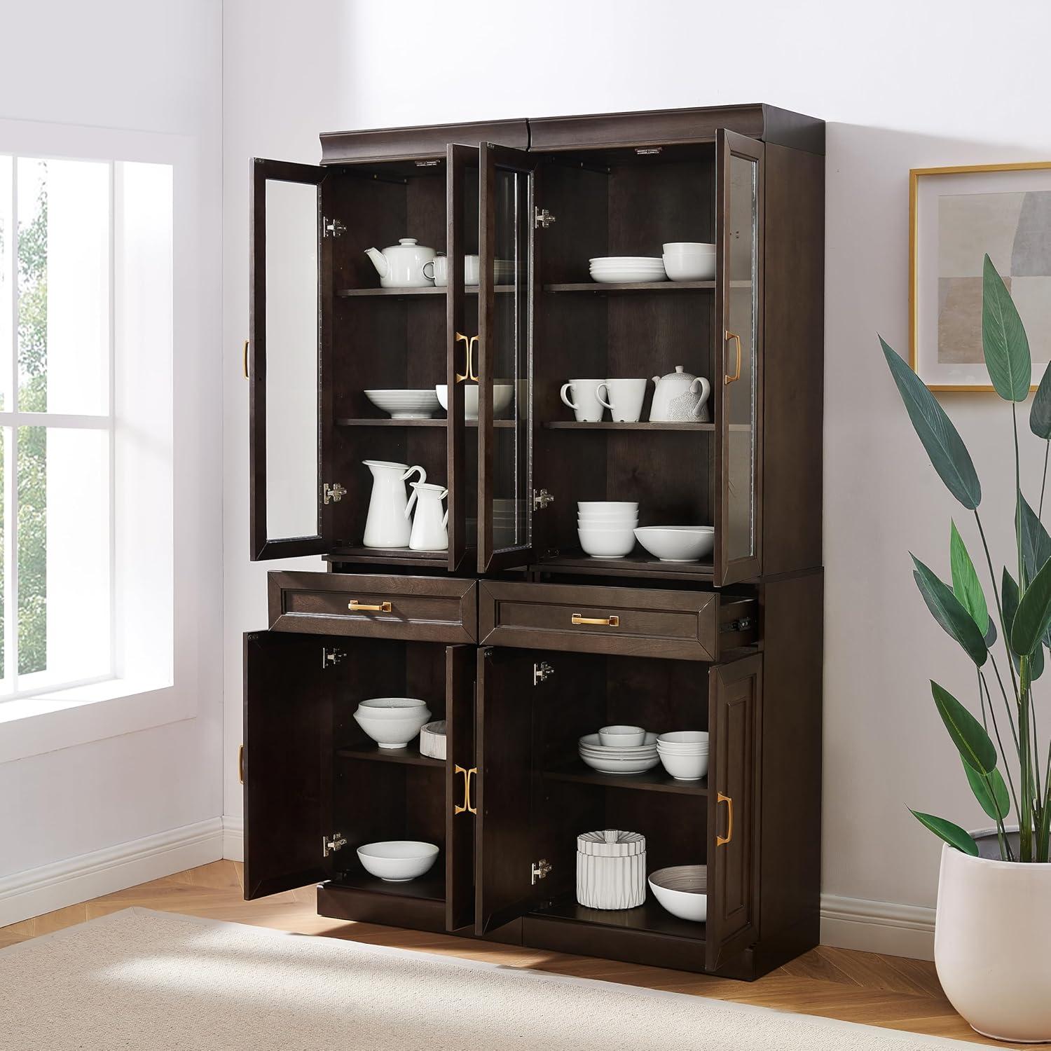 Crosley 78" Stanton 2pc Glass Door Kitchen Storage Pantry Cabinet Set Coffee: Traditional Style, MDF Wood Veneer, 10 Shelves