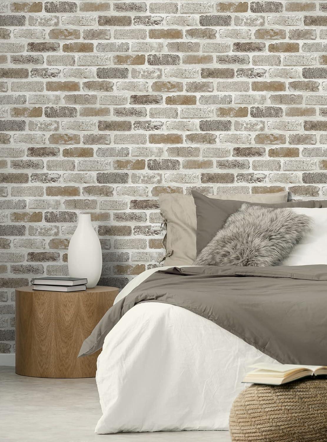 NextWall  Washed Brick Peel and Stick Removable Wallpaper Tanned Leather & Pewter