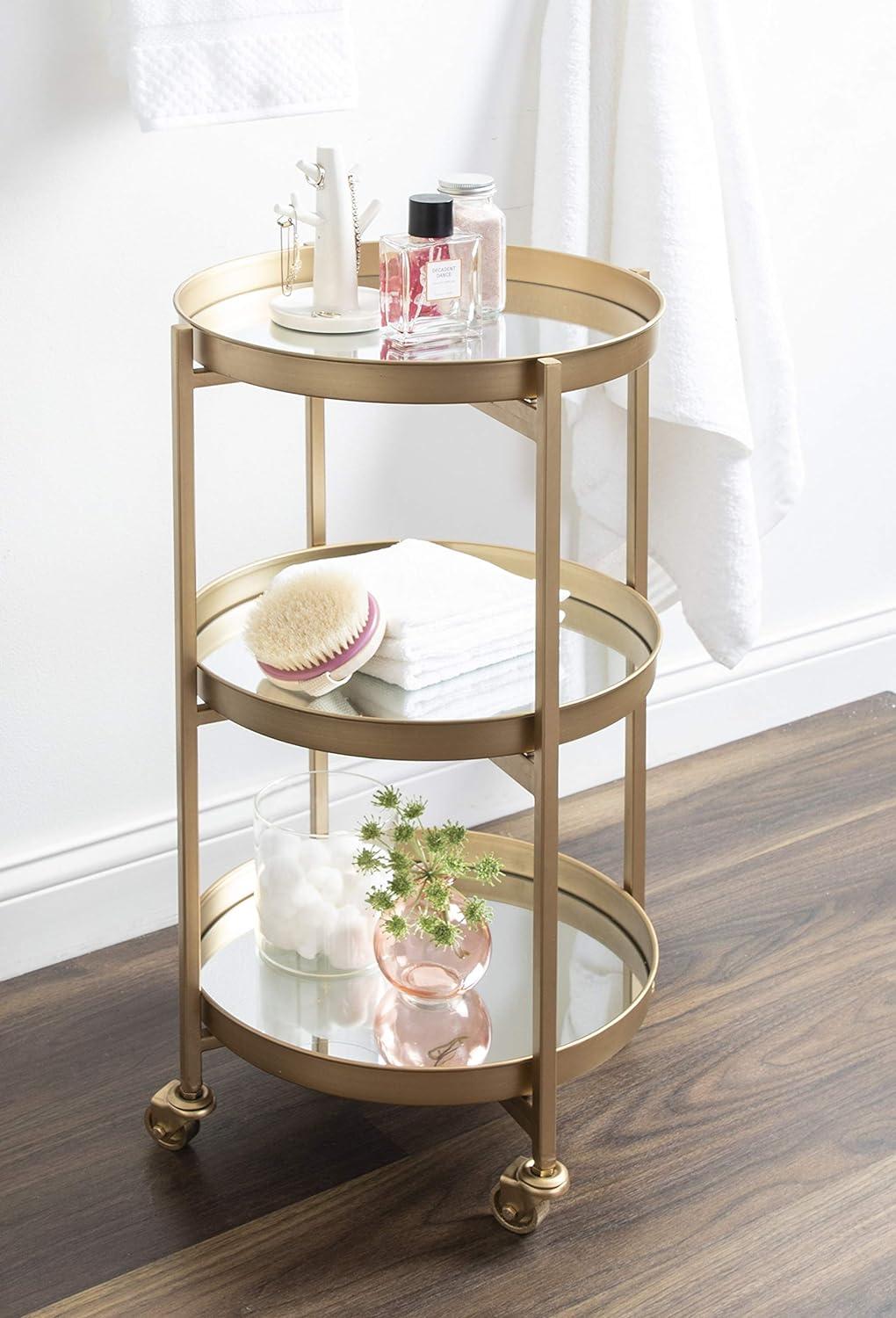 Celia Gold Finish 3-Tier Round Metal Bar Cart with Mirror Trays
