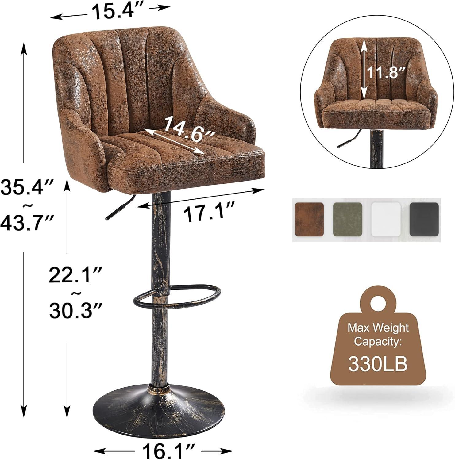 VECELO Set of 2 Swivel Bar Stools, Adjustable Counter Height Barstools Faux Leather Chair with Backrest and Armrest, Dark Brown