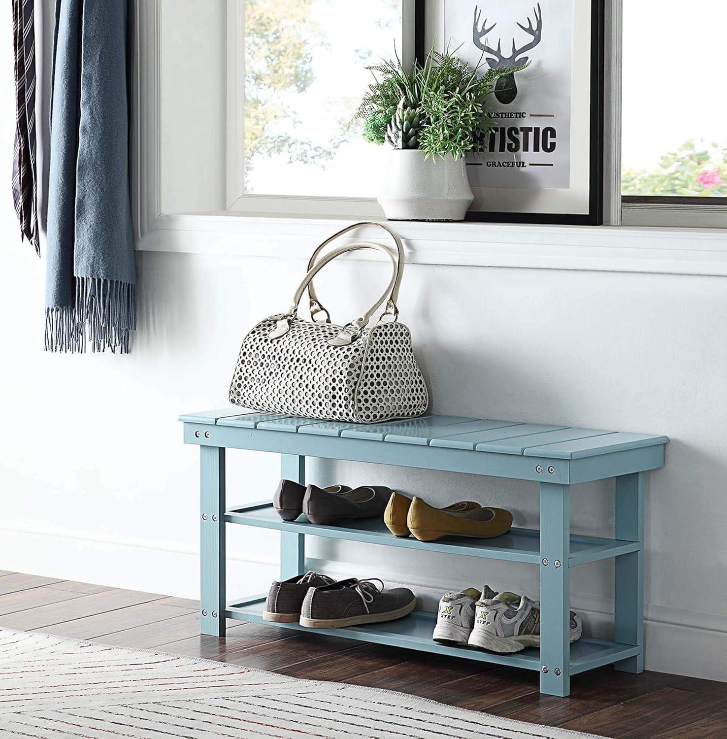 Sea Foam Blue MDF and Wood Utility Mudroom Bench with Storage