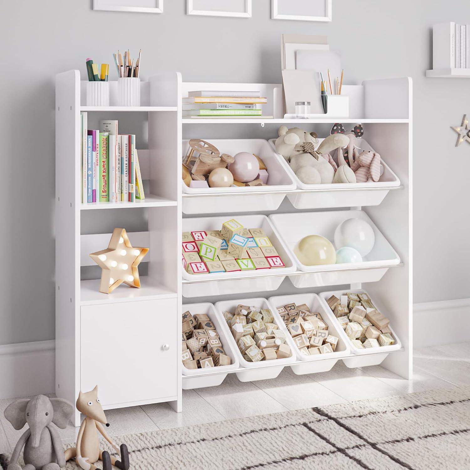 Sturdis Kids Toy Storage Organizer With Bookshelf and White Bins
