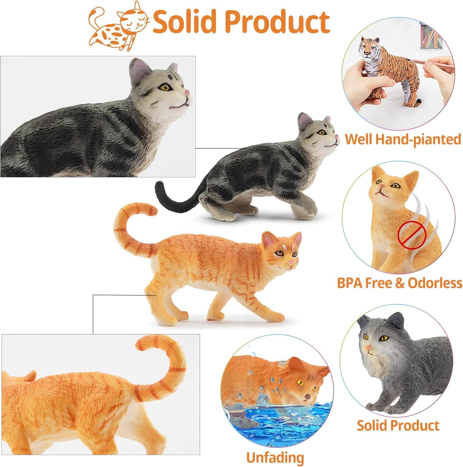 Toymany 8-Piece Grey & Orange Cat Figurine Set, Realistic Kitten Toys, Educational Gift for Kids, Cake Toppers & School Projects