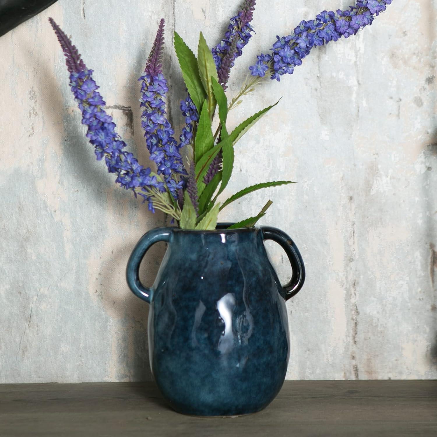 Blue Ceramic Round Vase with Handles for Table Decor