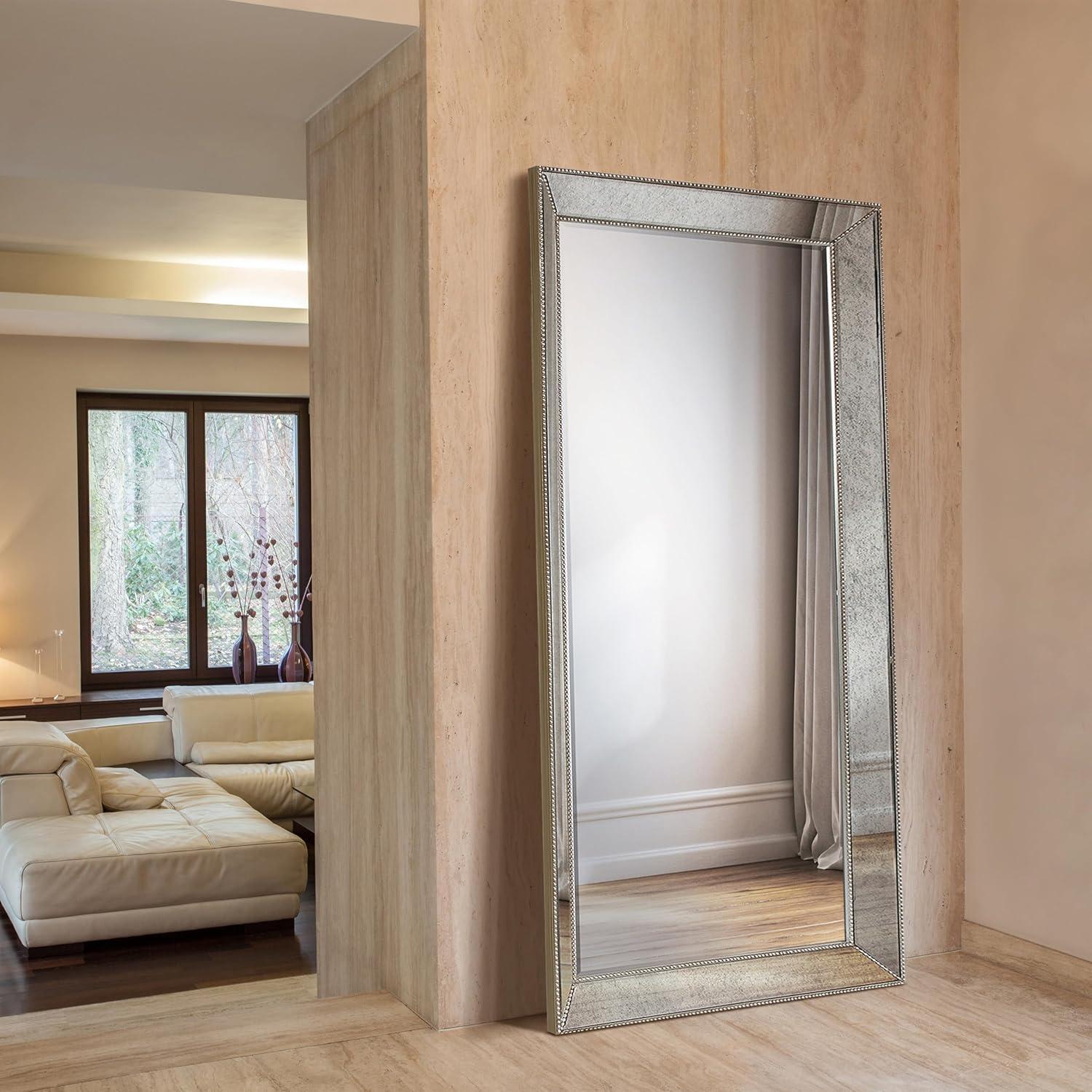 Empire Art Direct Champagne Bead Beveled Rectangle Solid Wood Framed Wall Mirror Ready to Hang, Living Room, Bedroom ＆ Office, 80" x 40"