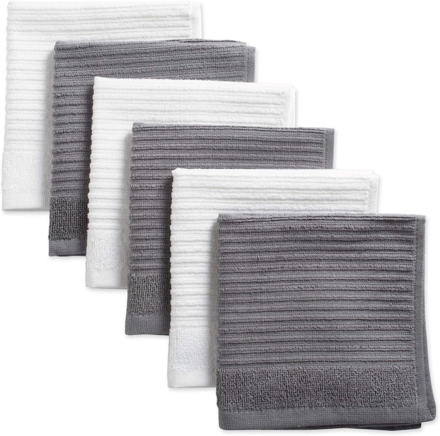 Gray and White Cotton Ribbed Terry Dish Cloth Set of 6