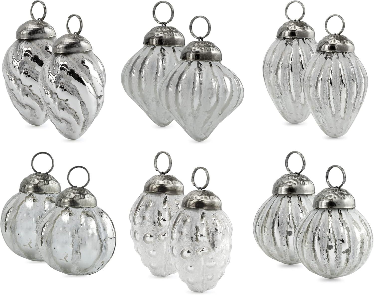 AuldHome Design Small Glass Finial Ornaments, 12pc Set; Antiqued Retro Mercury Style Christmas Tree Decorations w/ Storage Bag