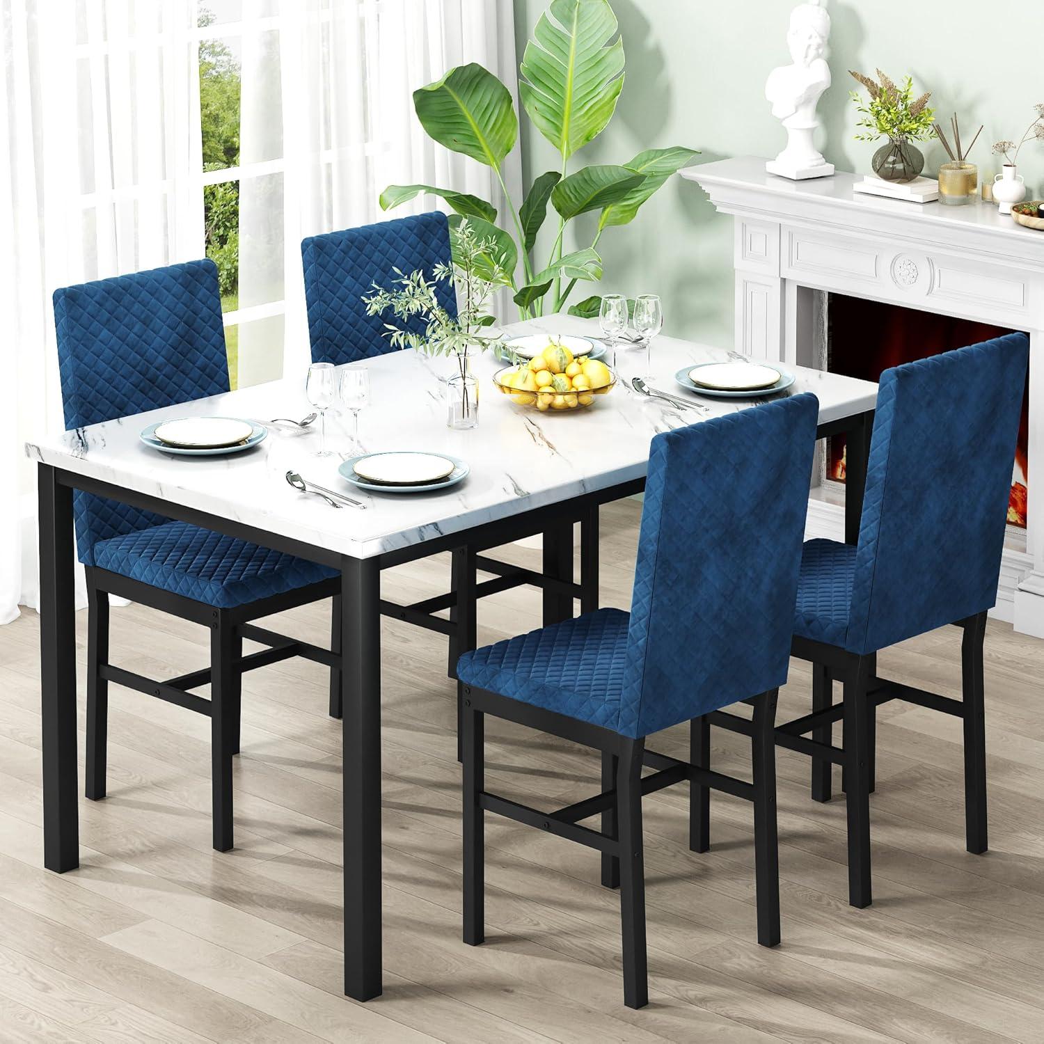 Lamerge Dining Table Set for 4, Kitchen Table and Chairs Set of 4, Faux Marble Dining Room Table Set with 4 Upholstered Velvet Chairs for Home Kitchen, White & Blue