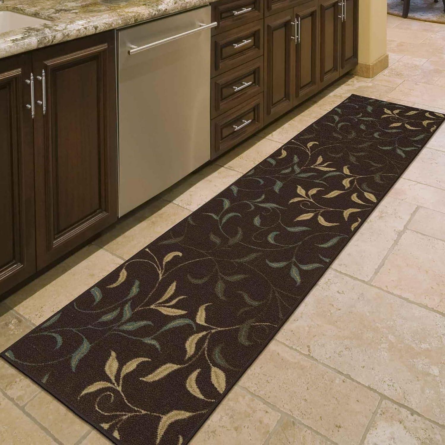 Ottohome Non-Slip Leaves Area Rug For Living Room, Hallway Runner, Entryway Rug, Brown