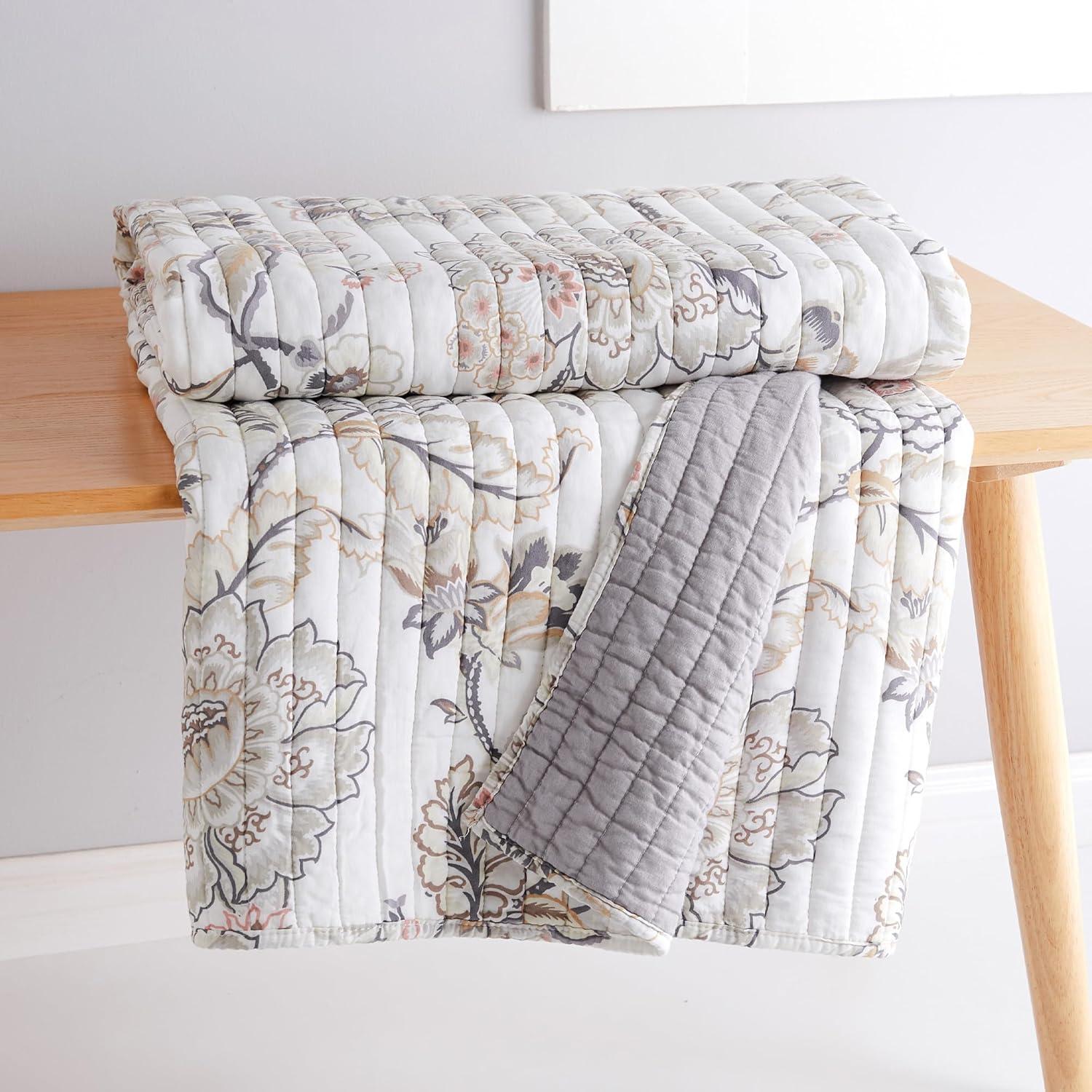 Ophelia Cream and Gray Floral Reversible Quilted Throw