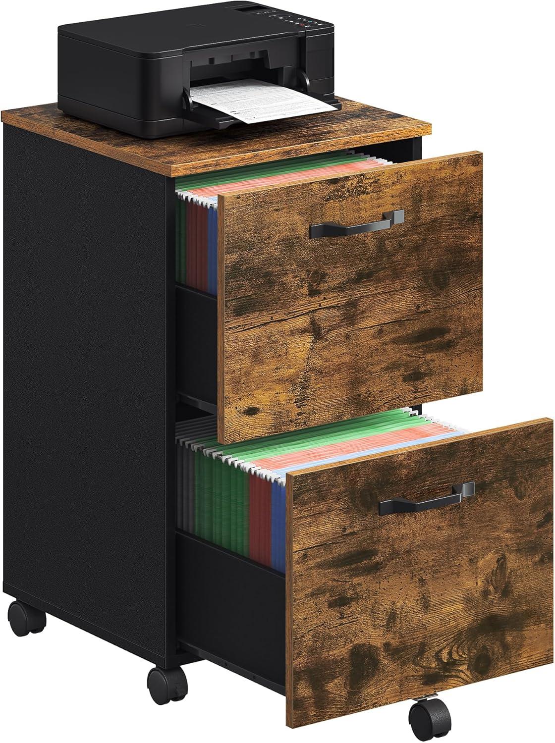 VASAGLE File Cabinet with 2 Drawers, Rolling Office Filing Cabinet, Rustic Brown and Black