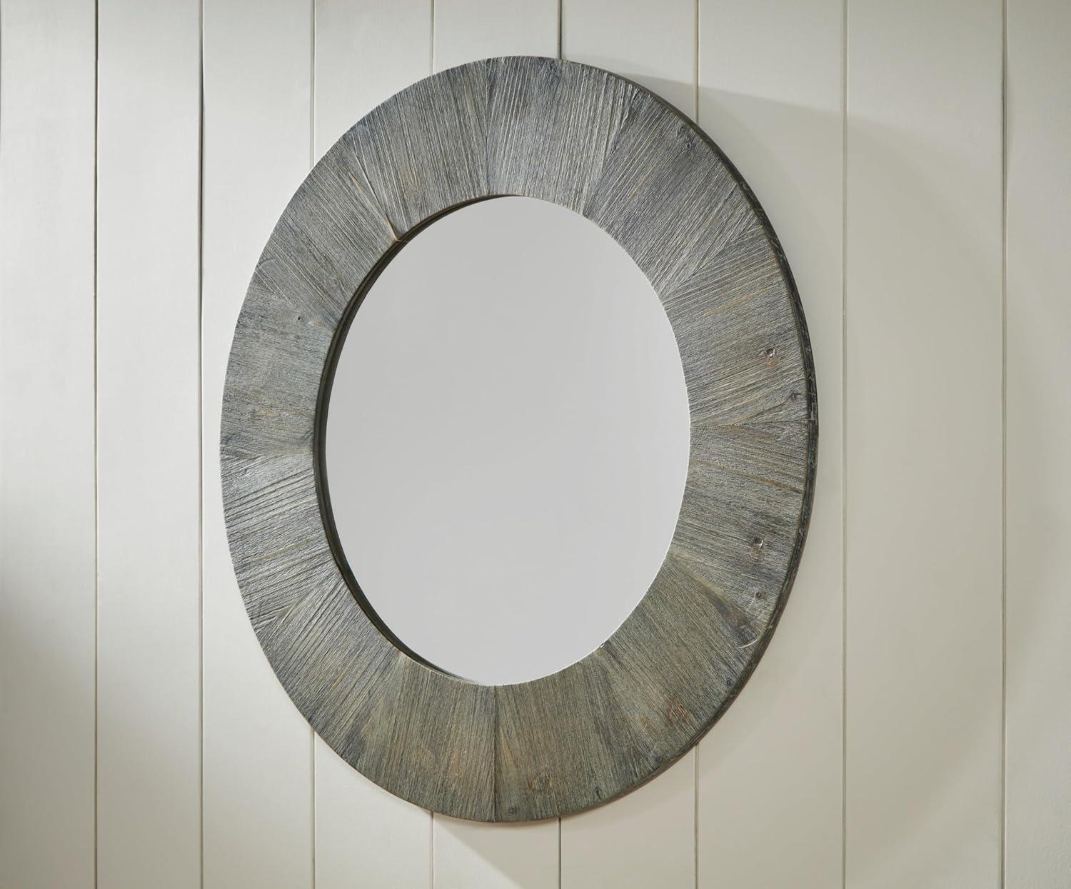 Gray Distressed Wood Round Wall-Mounted Mirror, 35.5"