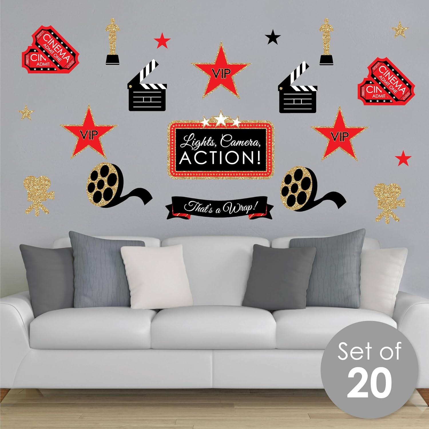 Big Dot of Happiness Red Carpet Hollywood - Peel and Stick Movie Theater Decor Vinyl Wall Art Stickers - Wall Decals - Set of 20