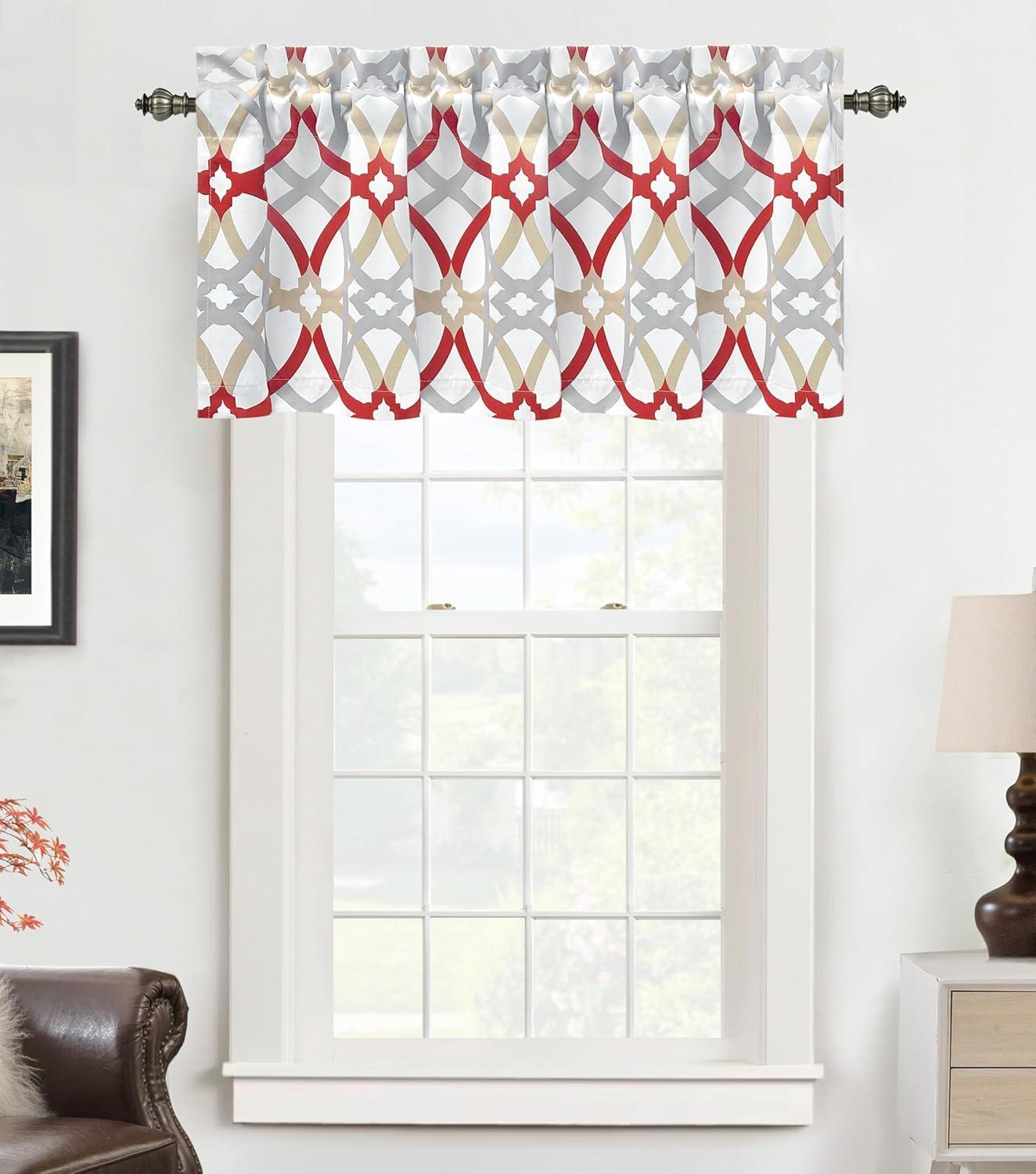 DriftAway Alexander Spiral Geo Trellis Pattern Window Curtain Valance Rod Pocket 52 Inch by 18 Inch Plus 2 Inch Header Red and Gray