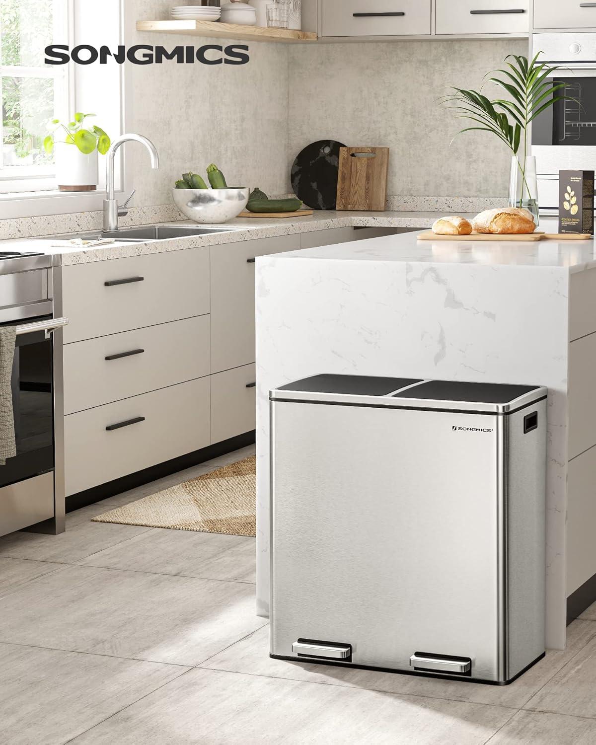 Songmics 2 x 8 Gallon Stainless Steel Multi-Compartments Trash Can with 15 trash bags