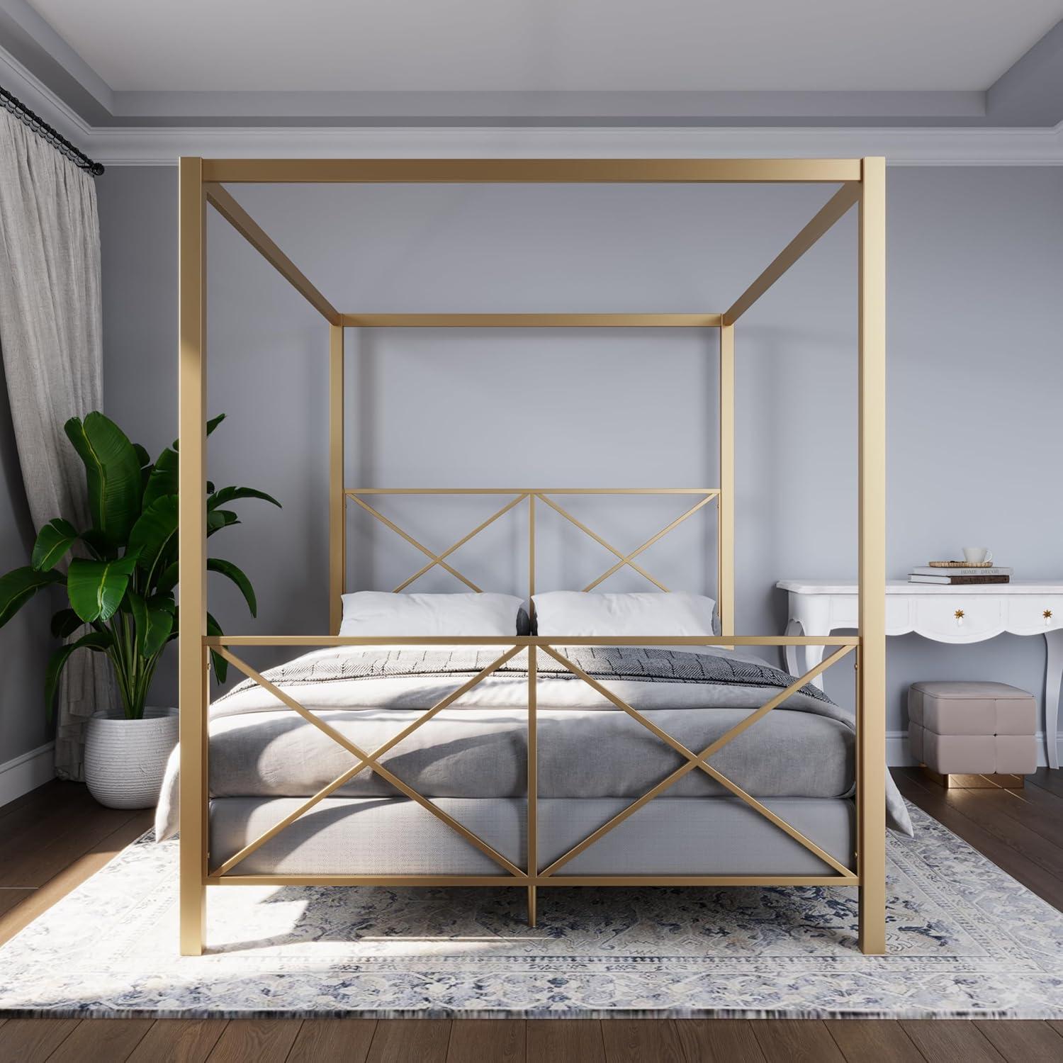 Full Gold Metal Canopy Bed with Geometric Headboard