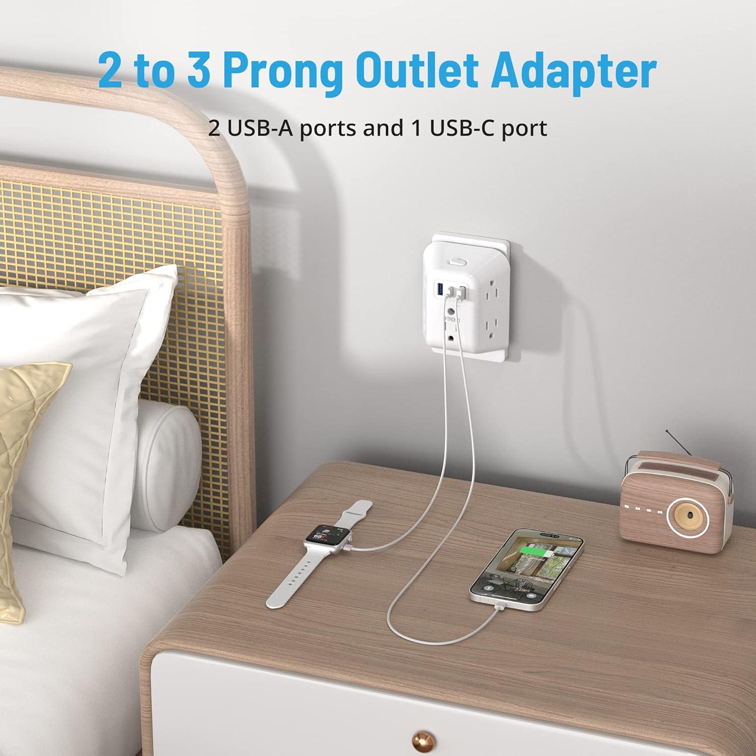 TROND Wall Plug with usb c, 2 Prong Wall Charger 5AC Outlet Extender USB C 3 Sided 1440J Surge Protector Multi Plug Outlet Wall Plugs for Home School Travel Office