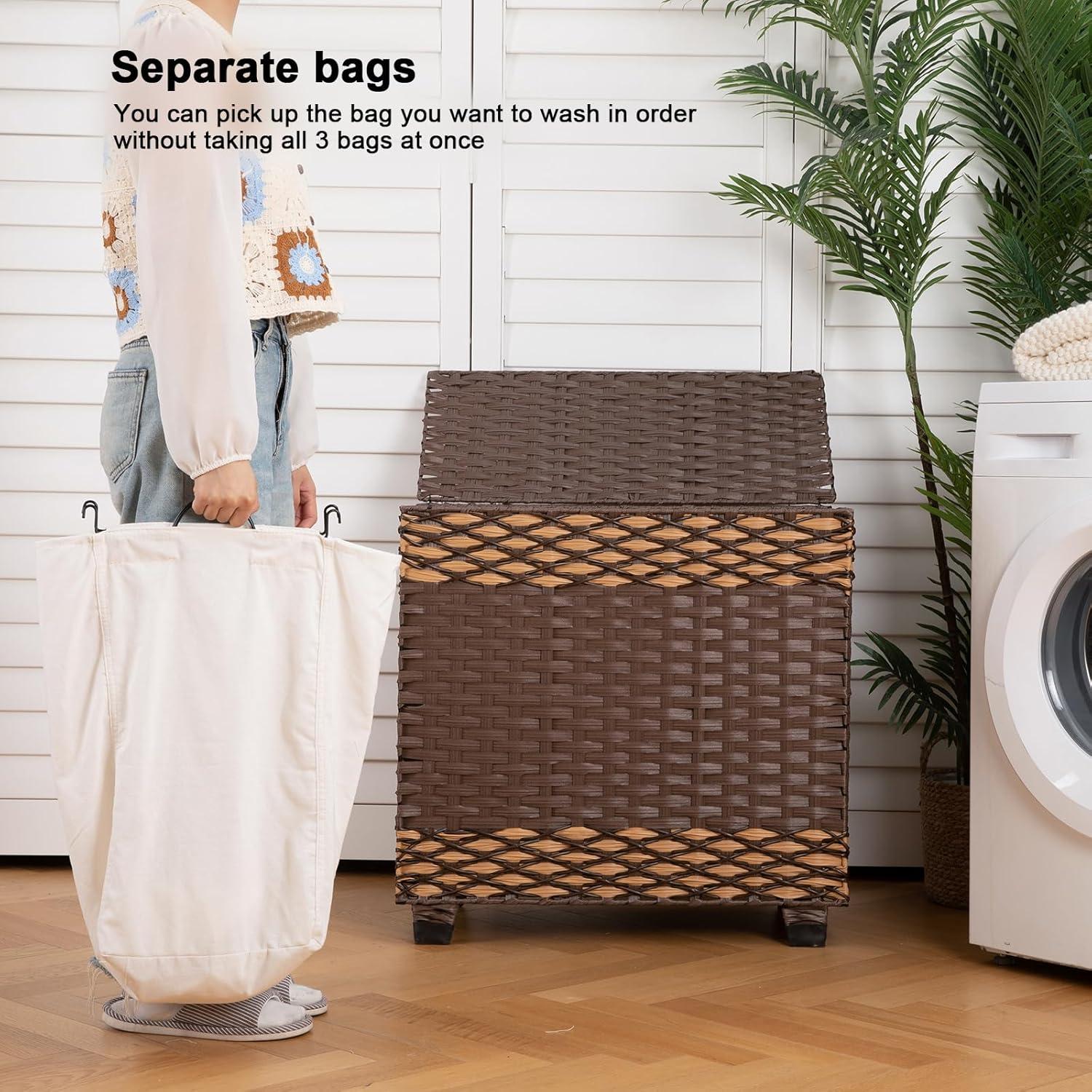OIAHOMY Laundry Hamper with Lid, 140L Clothes Hamper with 3 Removable Liner Bags, Foldable Basket with Lid, Synthetic Wicker Laundry Basket for Bedroom, 27x 13 x 26 Inches, Brown
