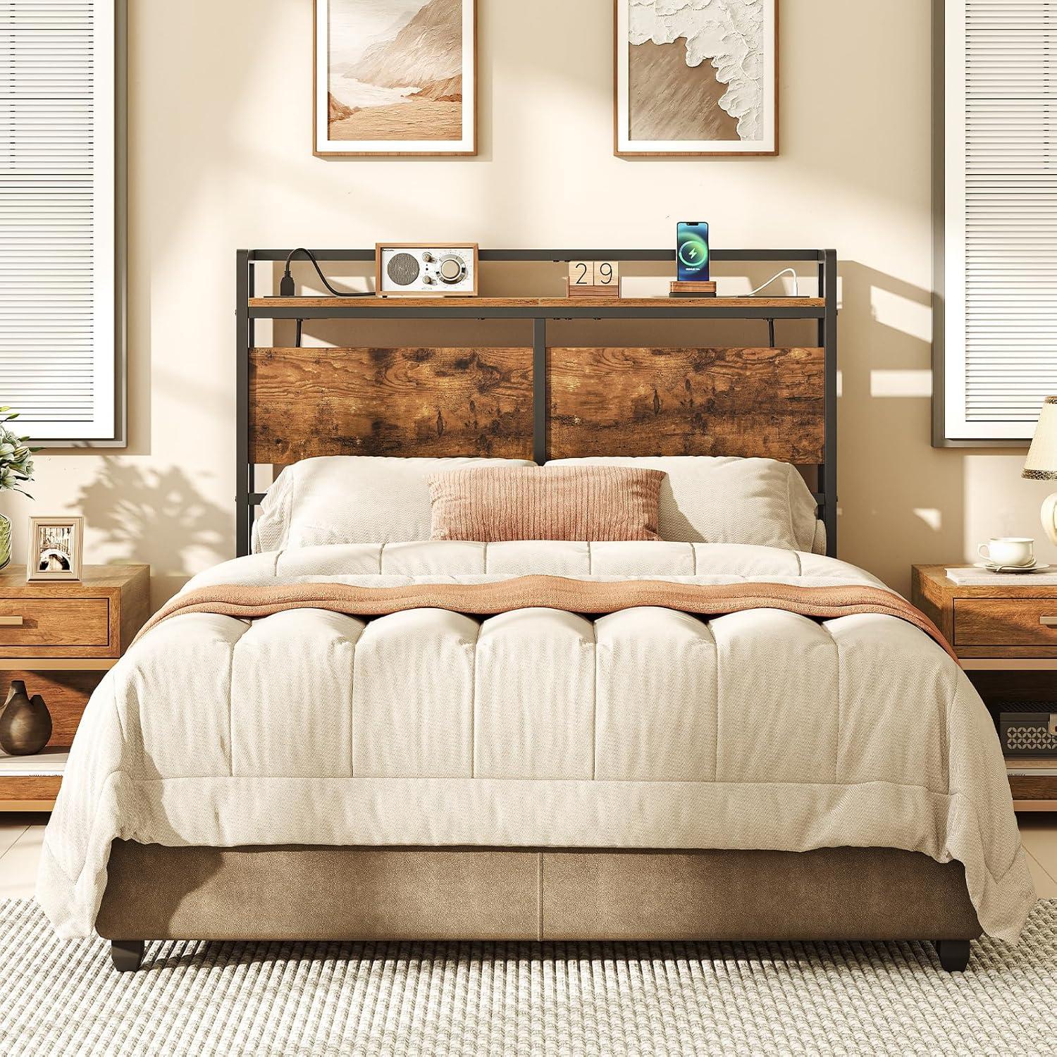 Full Size Headboard, Headboard with 2 Outlets, LED Lights and USB Ports, Adjustable Height, Storage Rack, Sturdy and Stable, Easy Assembly