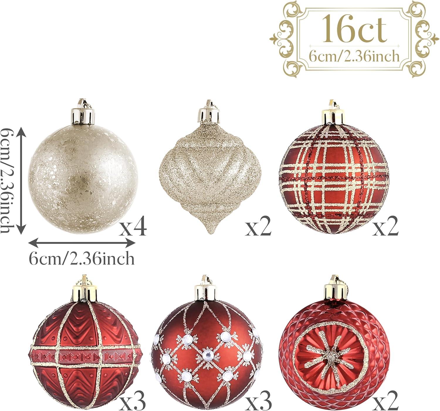 16 Pcs Christmas Ball Ornaments Set for Xmas Tree, 2.36" Red Gold Christmas Tree Ornaments, Shatterproof Plastic Hanging Holiday Balls for Home Decor Festive Christmas Party