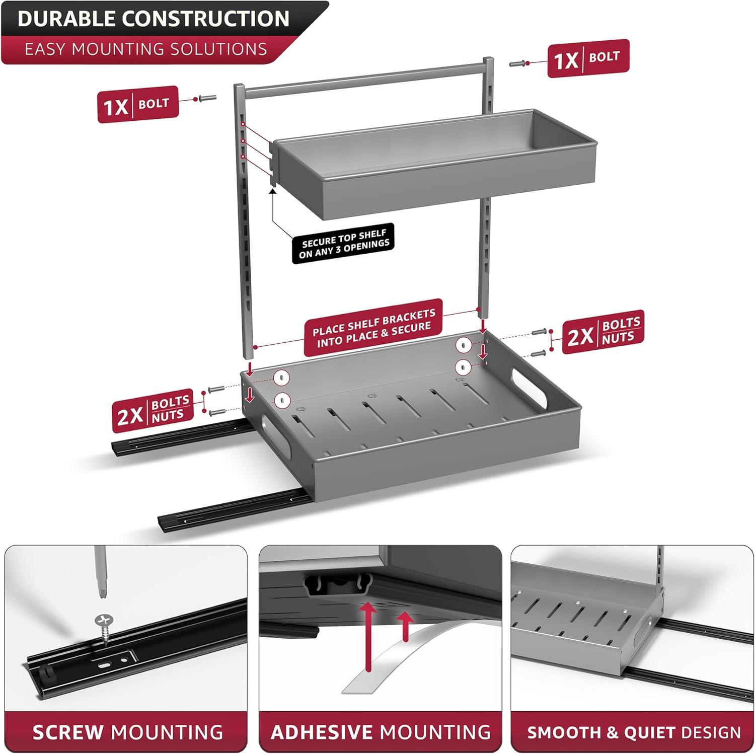 Sorbus Sorbus Under Sink Organizer with Sliding Tracks and Adhesive Tape - 2-Tier Pull-Out Storage Rack for Kitchen and Bathroom - No Drill Under Sink Organization Storage Cabinet Shelf, Set of 2