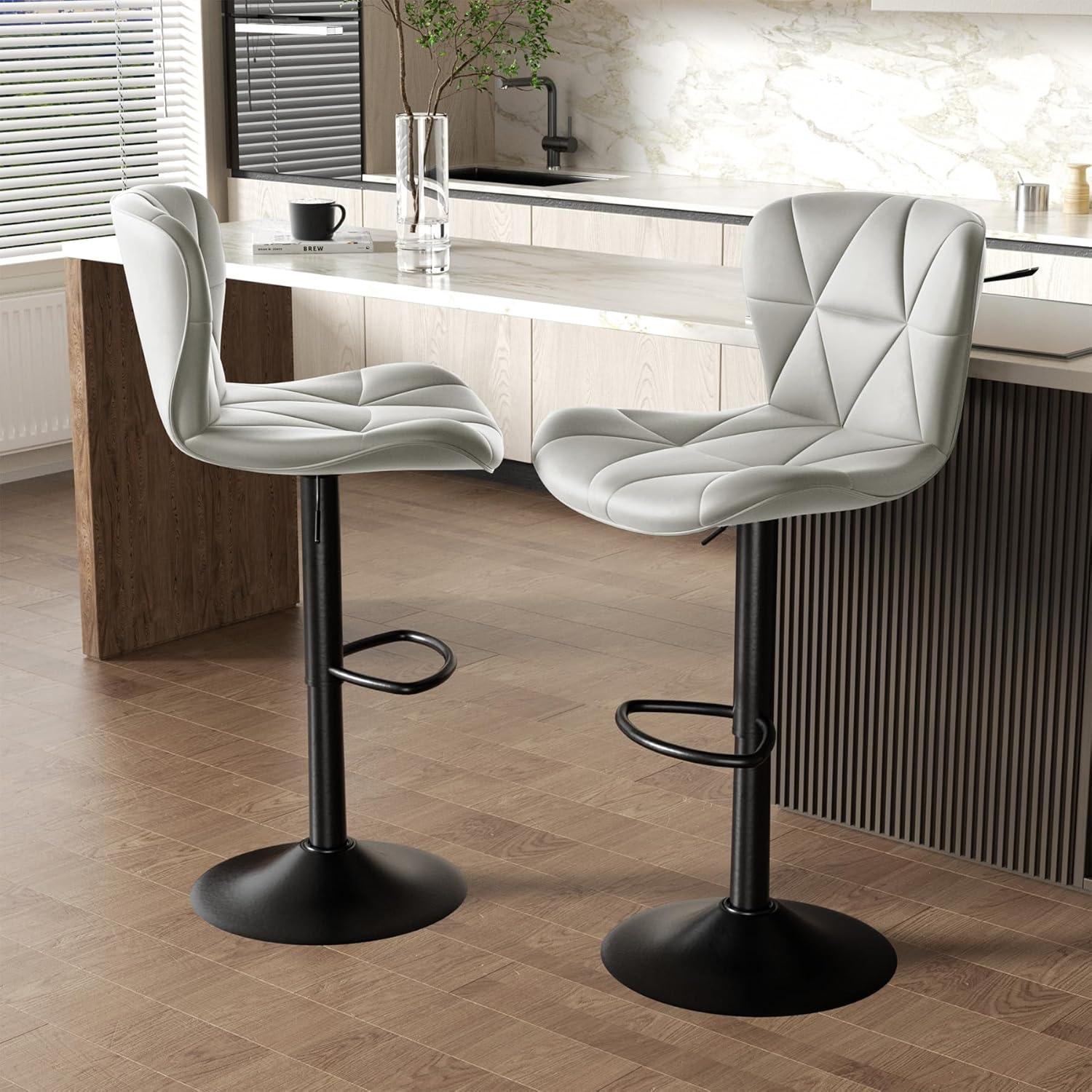 Modern Bar Stools Set of 2, Adjustable Faux Leather Upholstered Swivel Counter Stools, Light Grey