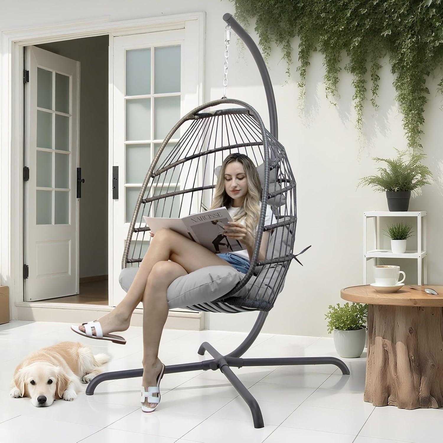 NICESOUL All Weather Swing Egg Chair Indoor Outdoor, Comfy Rattan Patio Basket Hanging Chair with Stand and Cushions, 350lbs Heavy Duty Sturdy Egg Hammock Chairs for Porch Balcony Deck Garden, Gray