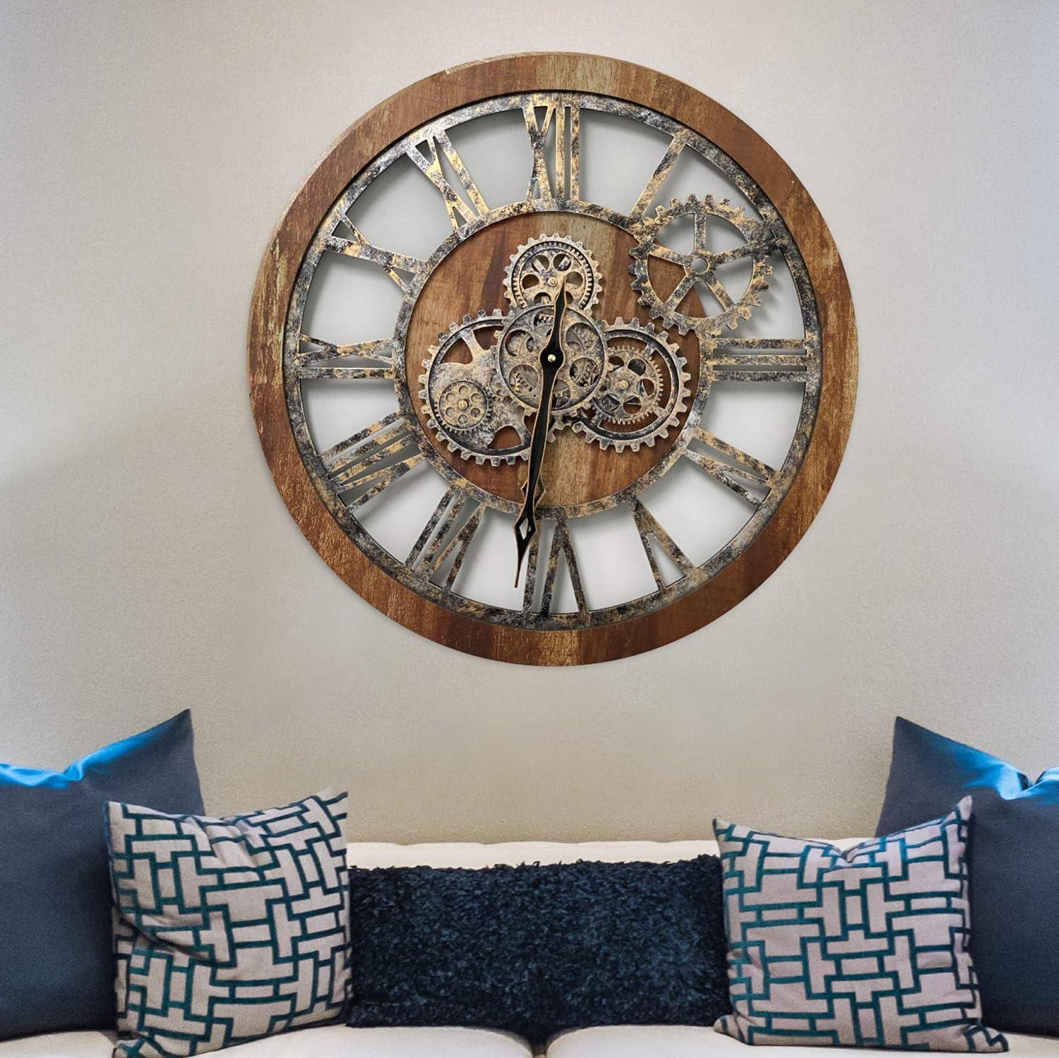 Wall Clock 24" Round Oversized for Living Room decor with Real Moving Gears America Collection