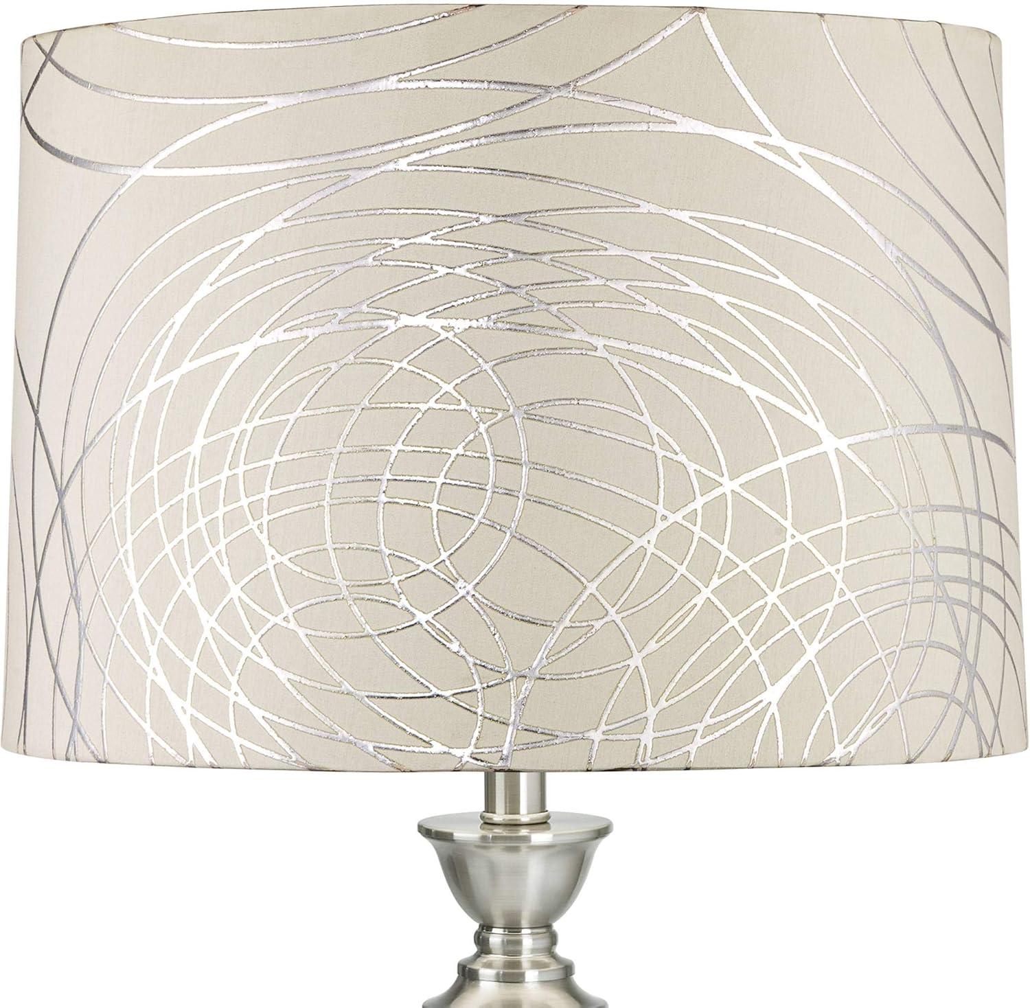 Springcrest Off-White with Silver Circles Medium Drum Lamp Shade 15" Top x 16" Bottom x 11" High (Spider) Replacement with Harp and Finial