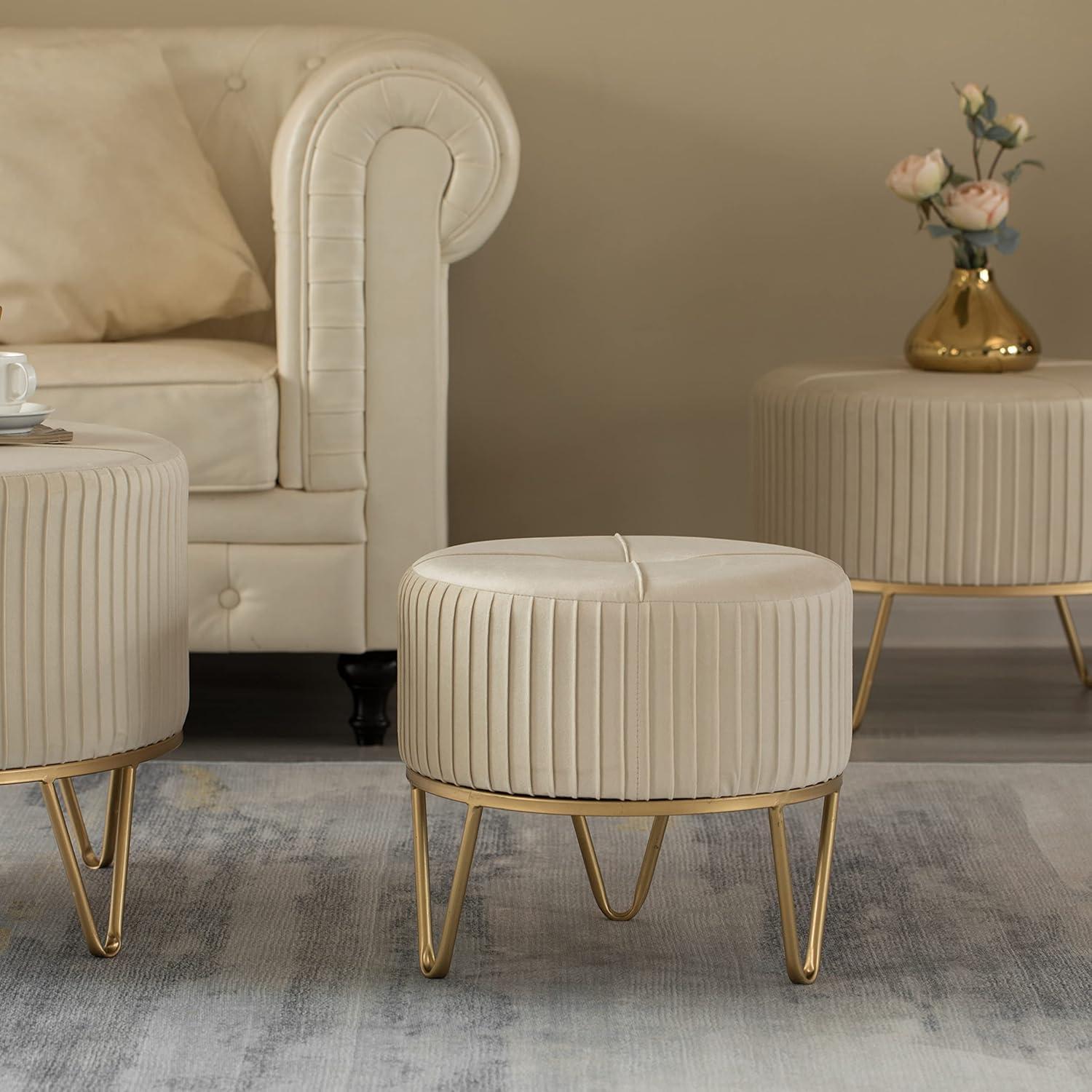 Fabulaxe Round Velvet Ottoman Stool Raised with Hairpin Gold Base, Cream, Small