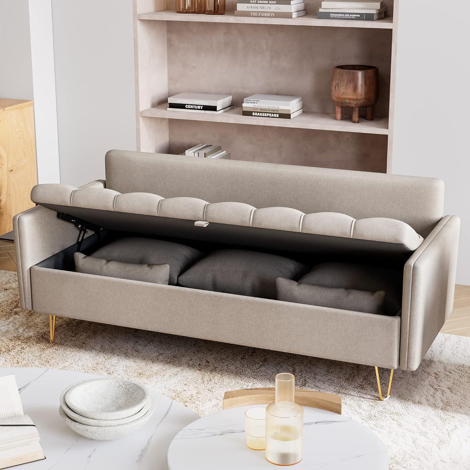 Beige Tufted Faux Leather Sofa with Storage and Gold Legs